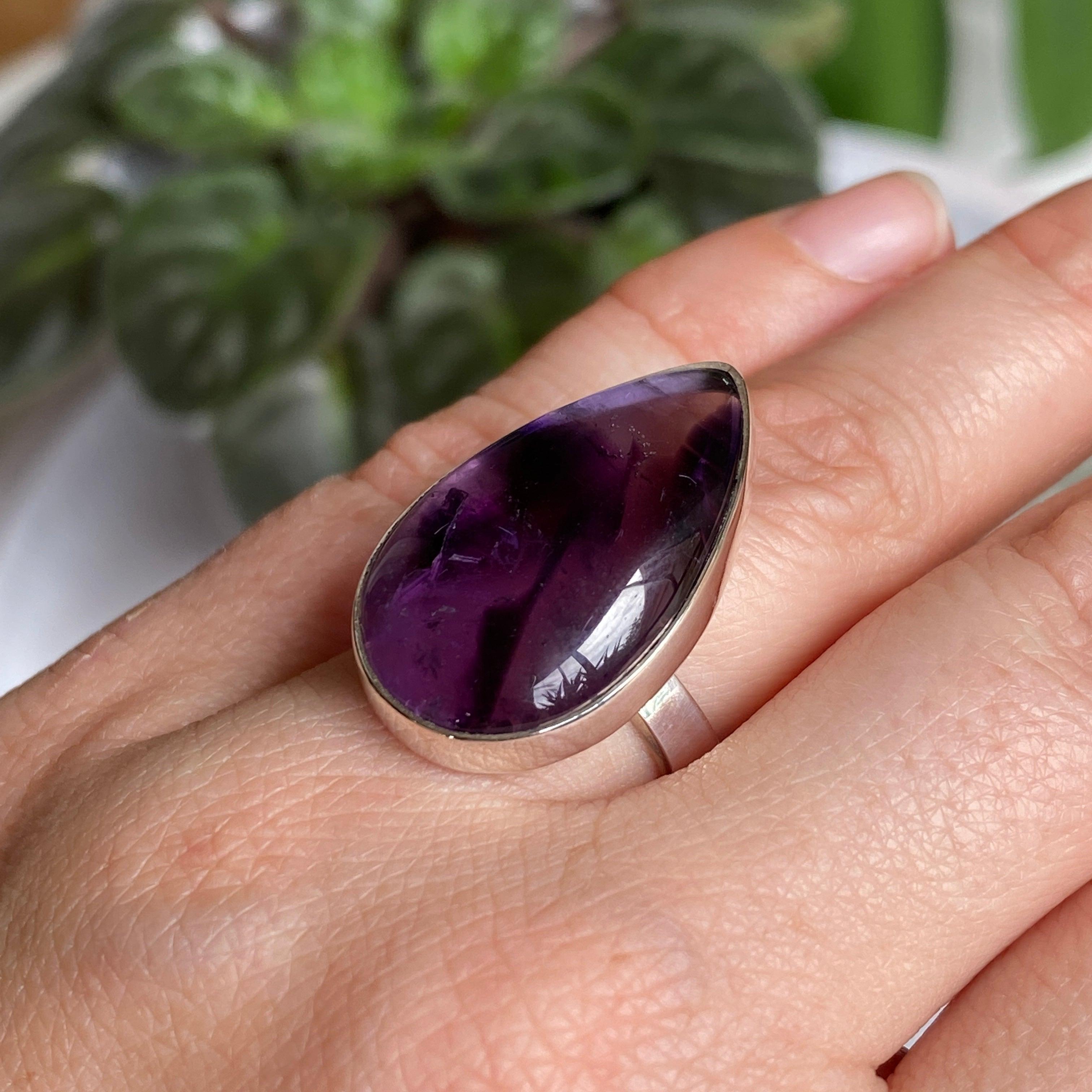 Amethyst Teardrop Cabochon Ring - Size 6 - Sterling Silver 925 - Elegant Purple Gemstone Jewelry for Women - Perfect for Weddings, Parties & Everyday Wear