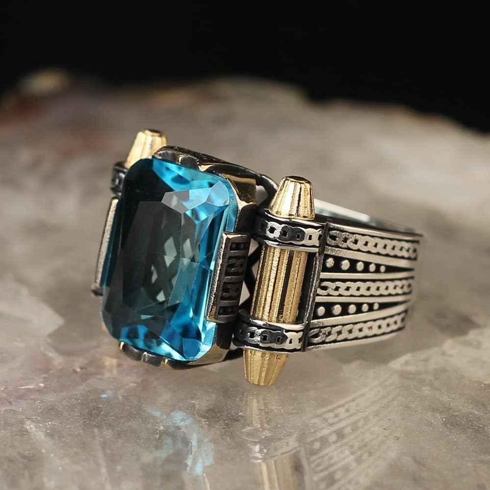 Handmade 925 Sterling Silver Aquamarine Men's Ring - Ottoman Turkish Style Jewelry for Men, Unique Boyfriend Gift & Anniversary Present (Size 10.5) - Perfect for Weddings, Date Nights & Special Occasions
