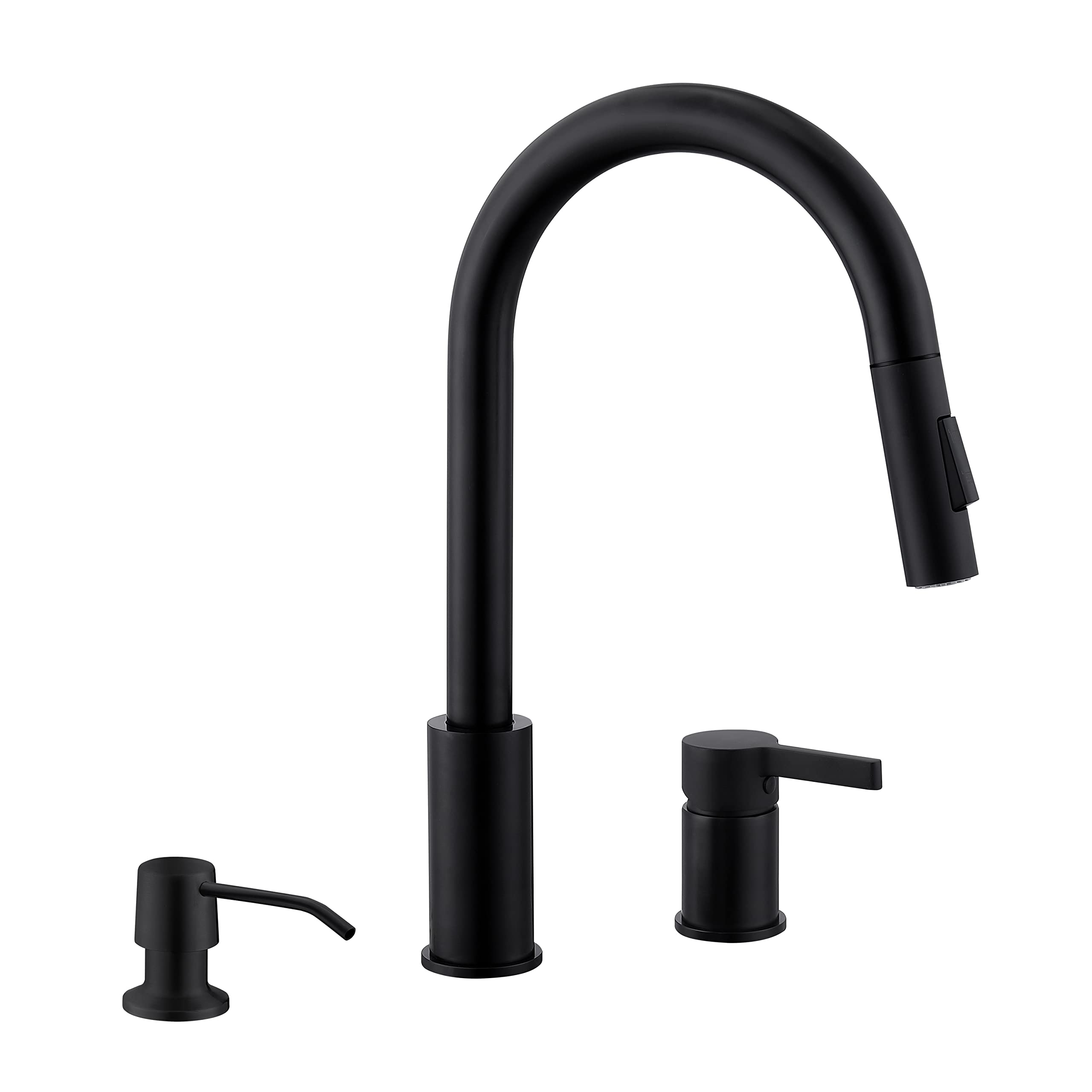 Premium Matte Black 3-Hole Kitchen Faucet with Pull Down Sprayer & Soap Dispenser - Single Handle High Arc Design for Modern Sinks | Perfect for Cooking, Washing Dishes & Food Prep