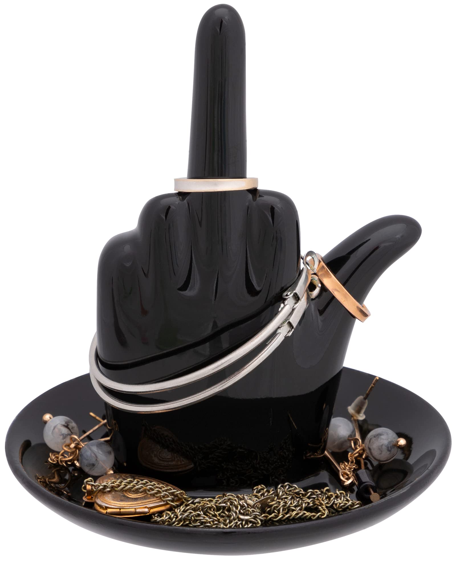 Stephanie Imports Black Ceramic Middle Finger Jewelry Ring Dish Tray - Stylish Ring Holder for Home Decor, Bathroom & Vanity Organizer