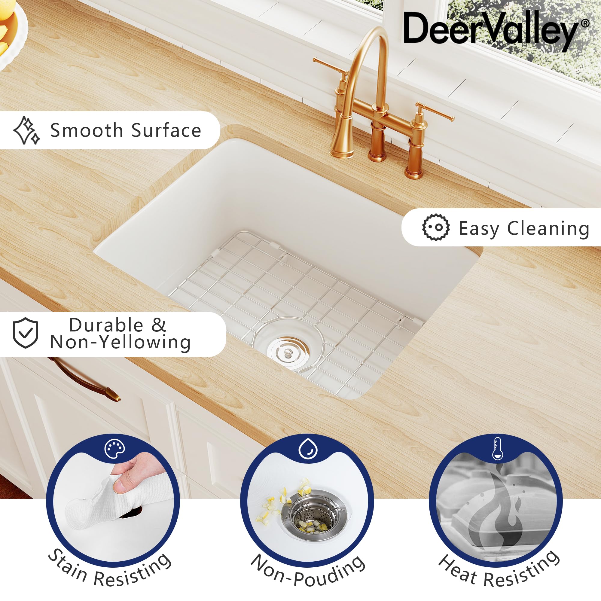 Premium White Fireclay Undermount Kitchen Sink - DeerValley Single Bowl Workstation Sink with Sink Grid & Basket Strainer (24.02