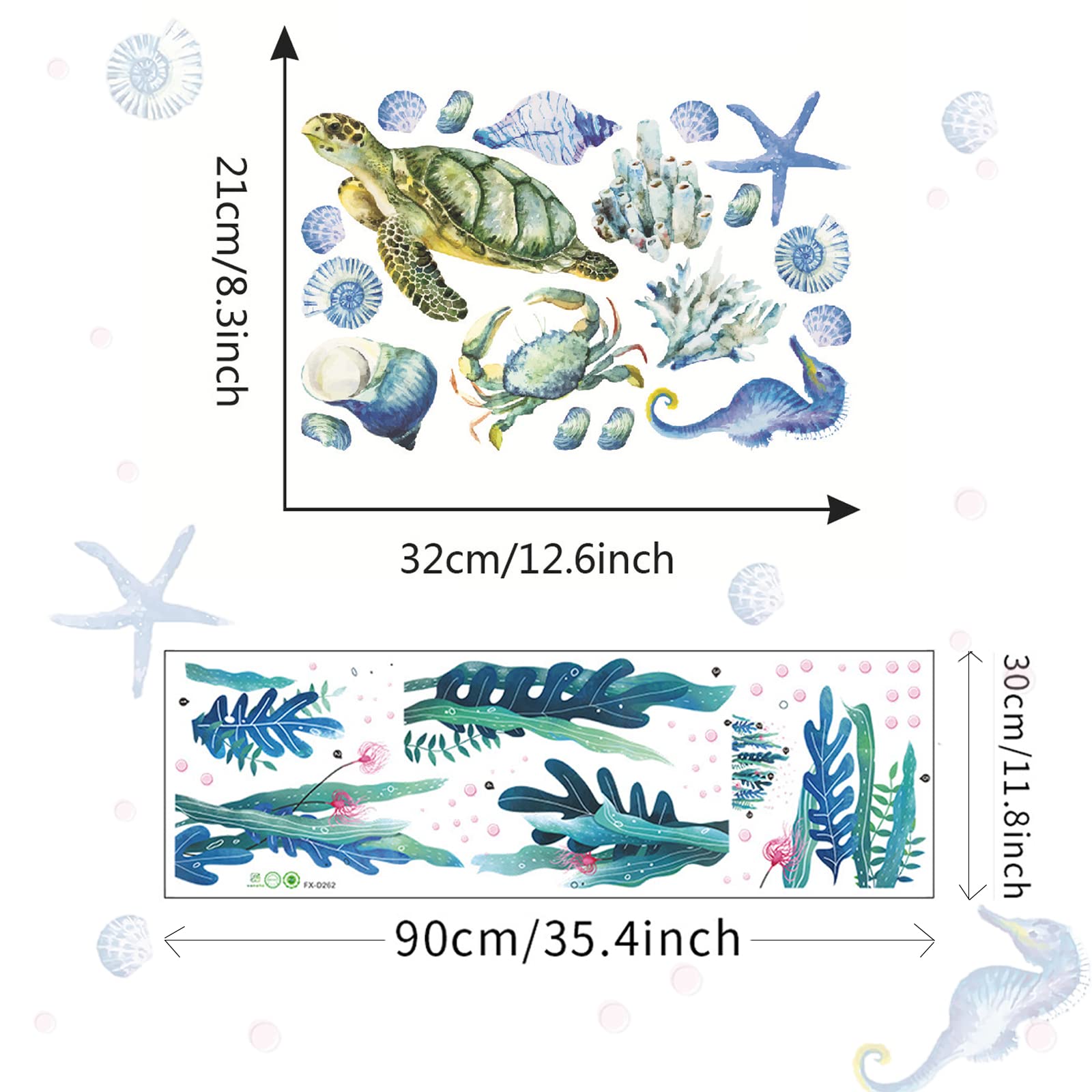 2 Sheets Under The Sea Wall Decals - 3D Ocean Sea Turtle & Grass Seaweed Stickers for Kids Room, Nursery, Bathroom Decor | Waterproof Removable Wall Art for Bedroom, Kitchen, Toilet | Perfect for Ocean-Themed Home Decoration & Underwater Party Decor