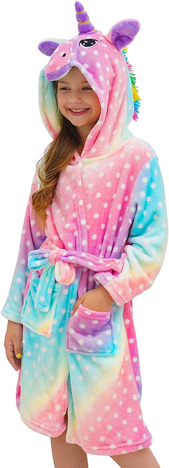 Soft & Cozy Unicorn Dots Bathrobe for Women & Girls - Plush Fleece Robe with Hood for Spa, Lounge & Relaxation at Home