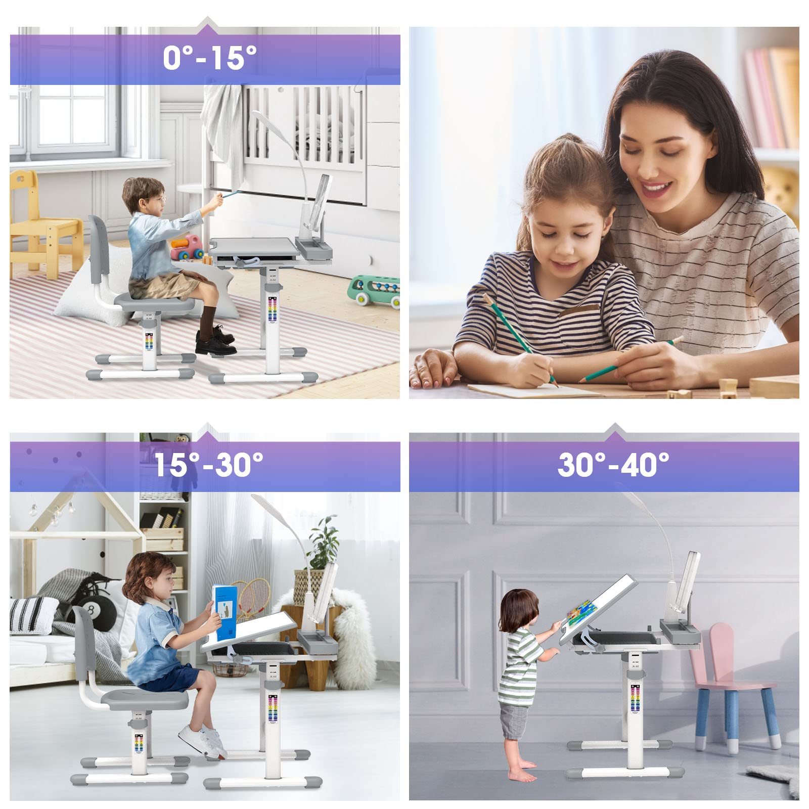 BELANITAS Adjustable Kids Desk and Chair Set with 40° Tiltable Tabletop & LED Light - Ergonomic Study Desk for Children Ages 3-12 - Perfect for Homework, Drawing & Online Learning (Grey)