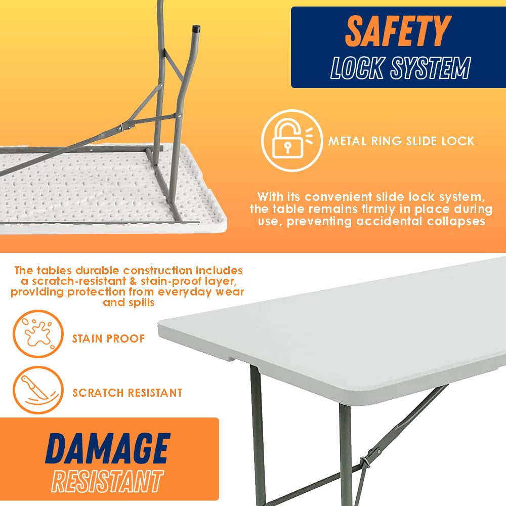 8FT Heavy Duty Folding Table - Indoor Outdoor Portable Plastic Picnic Table with Handle & Lock - White (4ft 6ft 8ft Sizes) for Parties, Camping, BBQ, Tailgating & Home Dining
