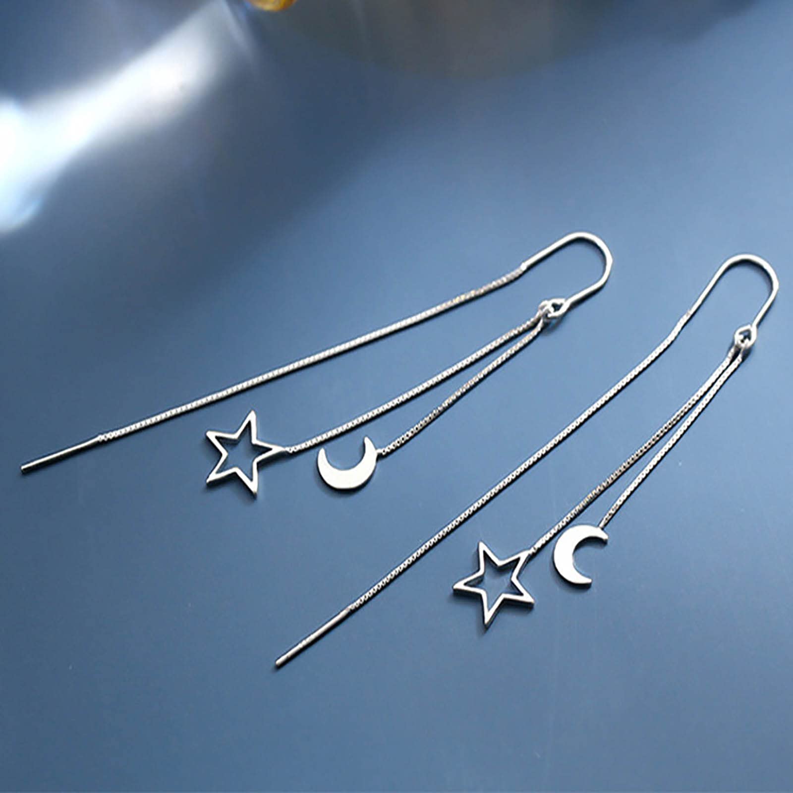 Atentuyi Silver Moon & Star Threader Earrings - Long Chain Drop Dangle Earrings with Tassel for Women & Girls | Perfect for Boho, Festival, and Everyday Wear
