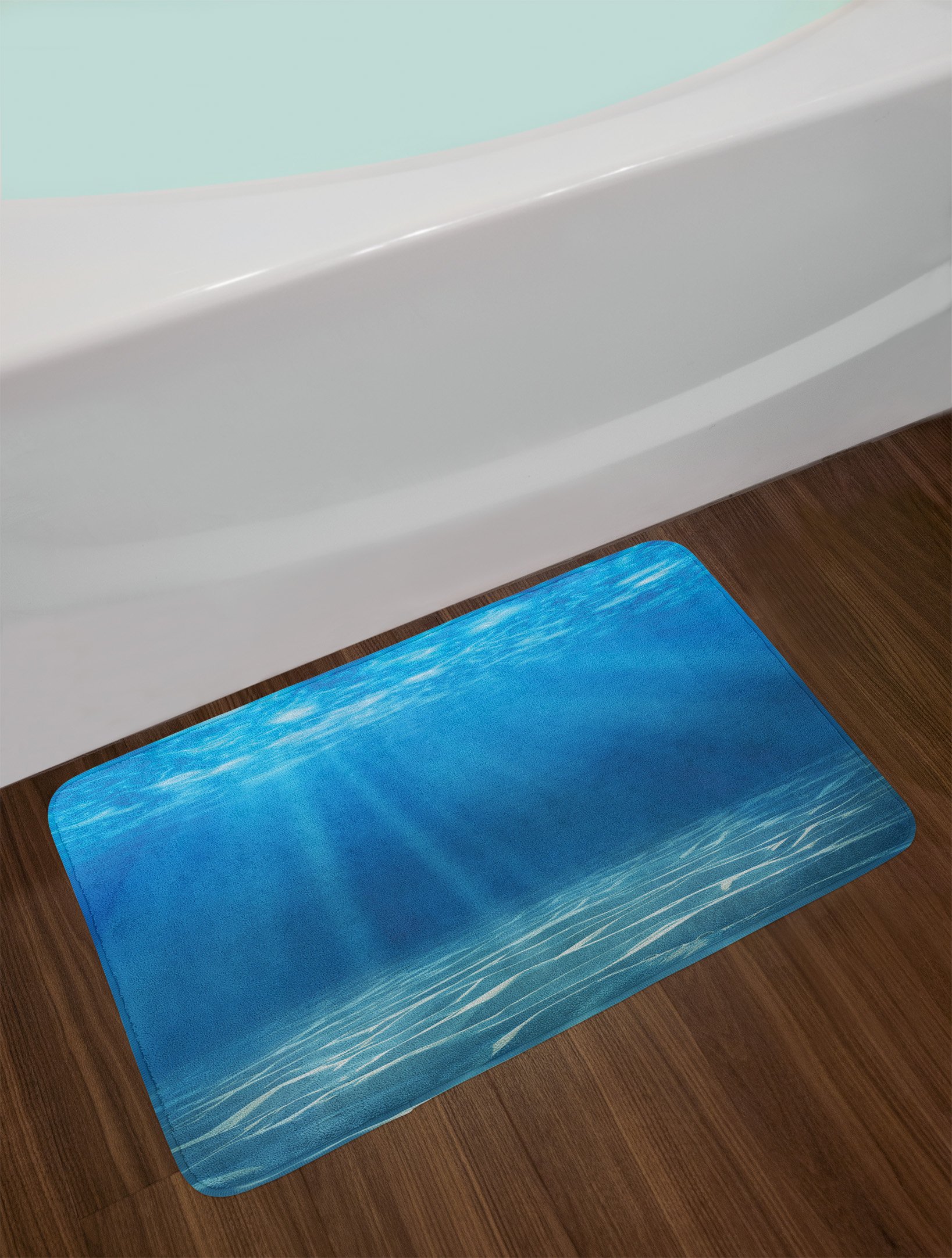 Ambesonne Non-Slip Plush Bath Mat - Ocean Underwater Scenery with Sun Rays, Blue Turquoise, 30.2 x 20 Inches - Soft Bathroom Rug for Coastal Decor, Spa Retreat & Beach House Style