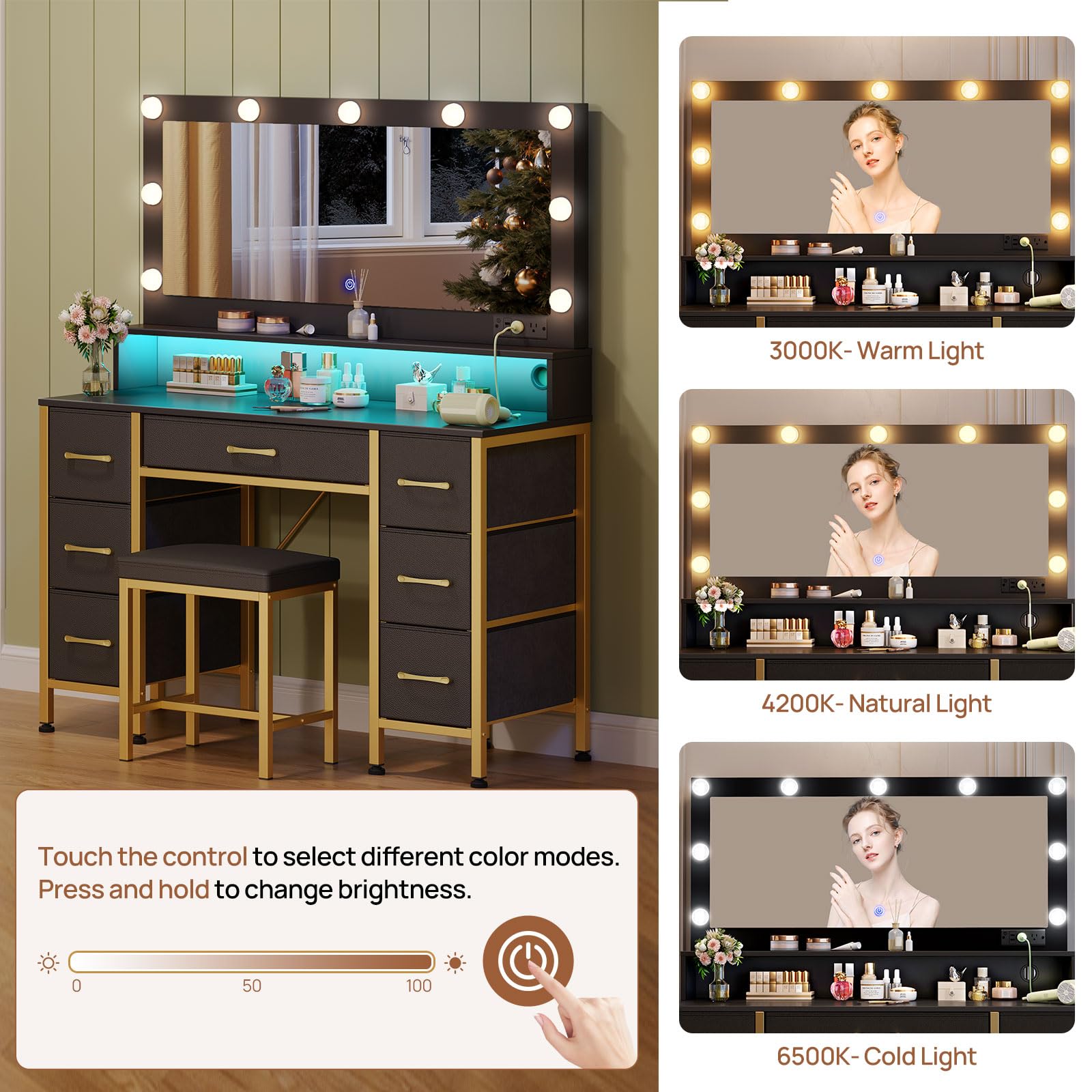 Rolanstar Vanity Desk with Mirror and Lights - Makeup Vanity Set with Upholstered Stool, 7 Fabric Drawers, 9 LED Bulbs & Power Outlets - Black and Gold Dressing Table with RGB Strip Lights for Bedroom, Home Decor & Beauty Routine