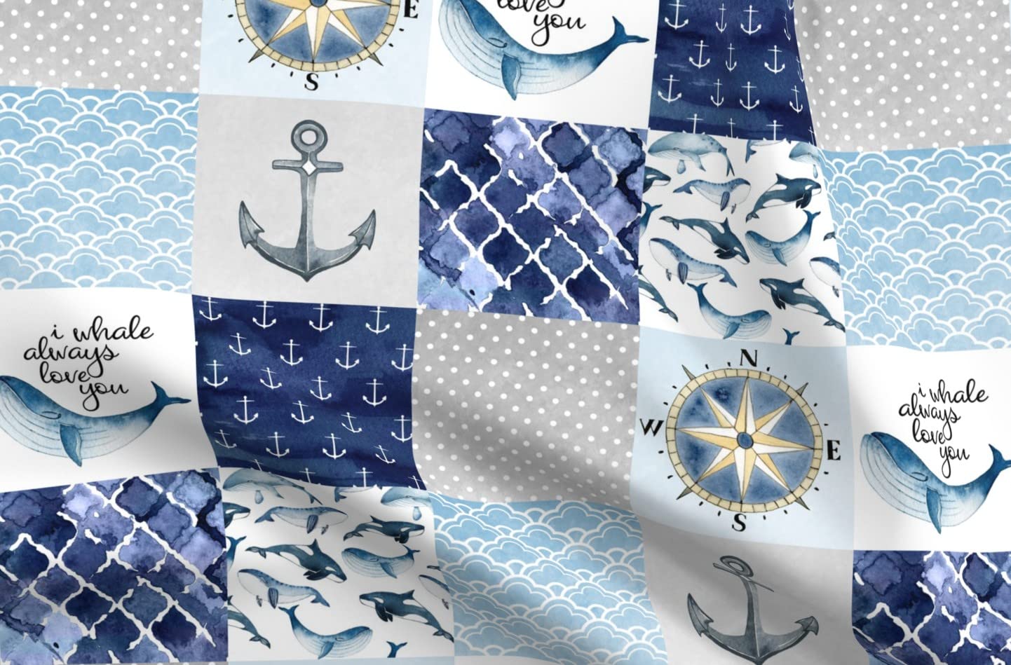 Coastal Quilt Topper Fabric - Blue Gray Watercolor Whale & Anchor Print on Velvet Upholstery Material | Fat Quarter for Home Decor, Apparel & DIY Projects | Perfect for Quilting, Throw Pillows & Coastal-Themed Decor