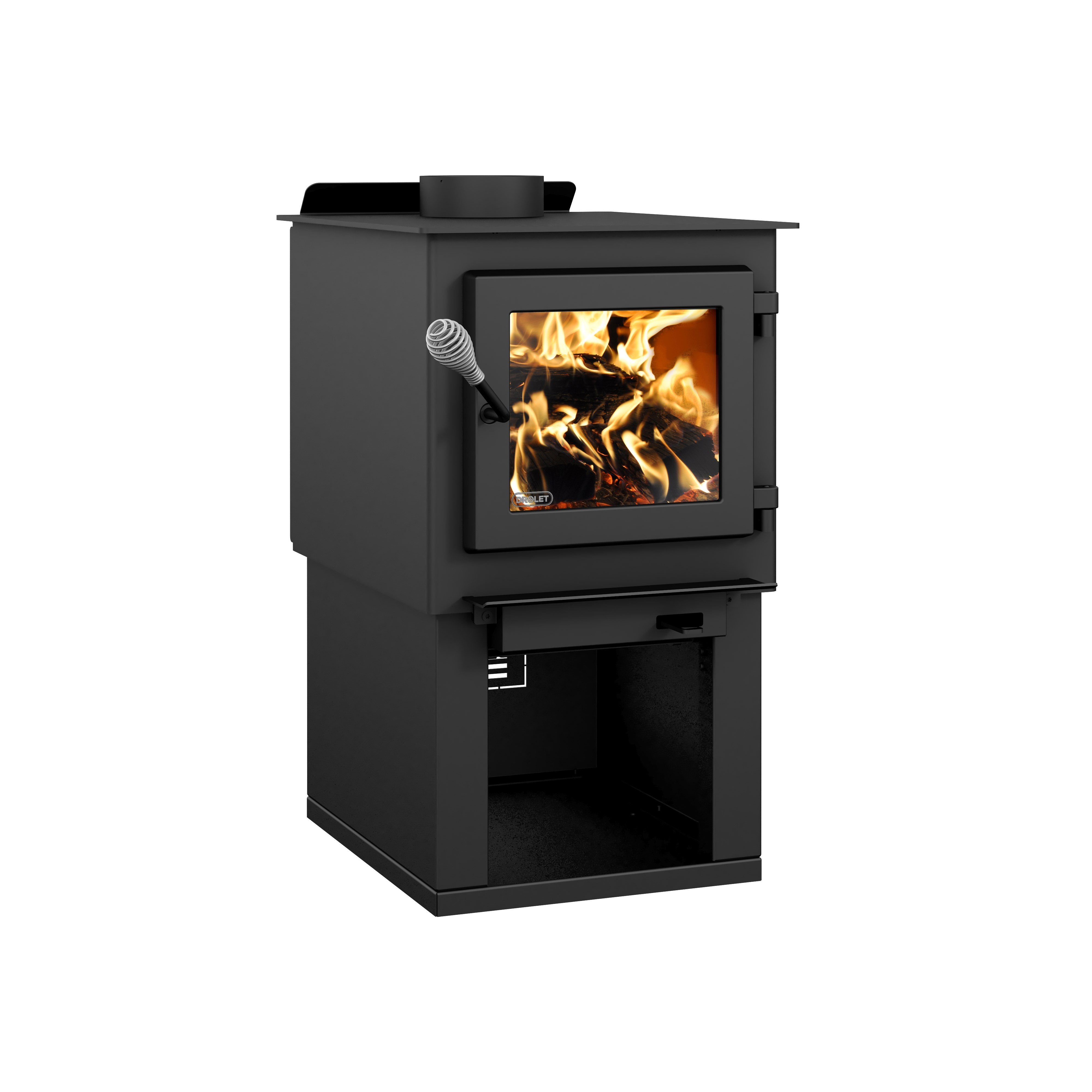 Drolet Deco Nano 1,200 Sq. Ft. EPA Certified Wood Burning Stove with Pedestal Stand & Firewood Storage - Perfect for Small Cabins, Tiny Homes, and Cozy Living Rooms