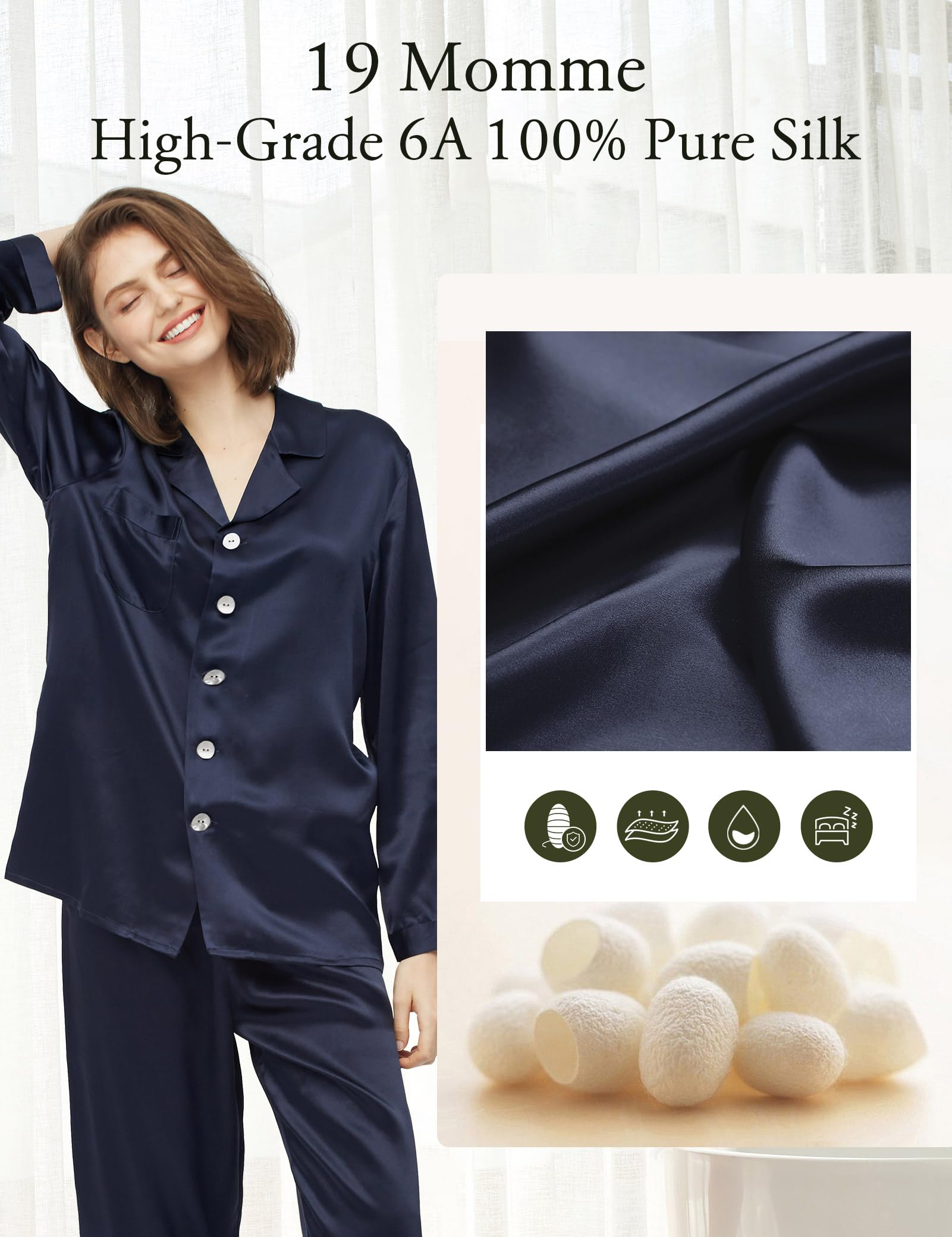 Luxury 100% Mulberry Silk Pajamas for Women - 22 Momme Pure Long Sleeve Nightwear Set | Soft & Breathable Sleepwear for Comfortable Nights, Gifts for Her, Bridal Loungewear