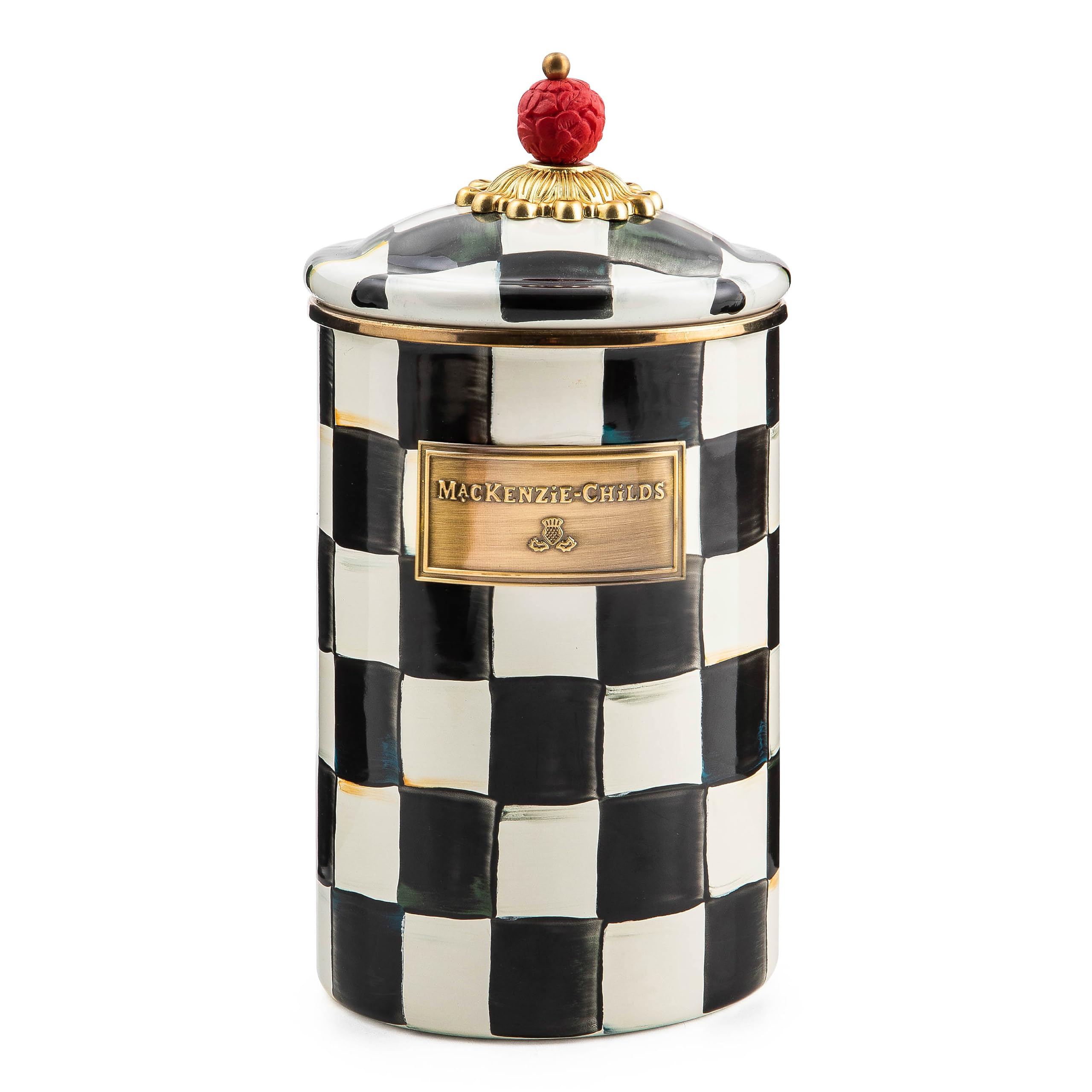 MACKENZIE-CHILDS Large Enamel Canister - 1.89L Kitchen Storage Container for Flour, Sugar, Coffee & Dry Goods - Black & White Courtly Check Design - Perfect for Pantry Organization & Farmhouse Style Kitchens