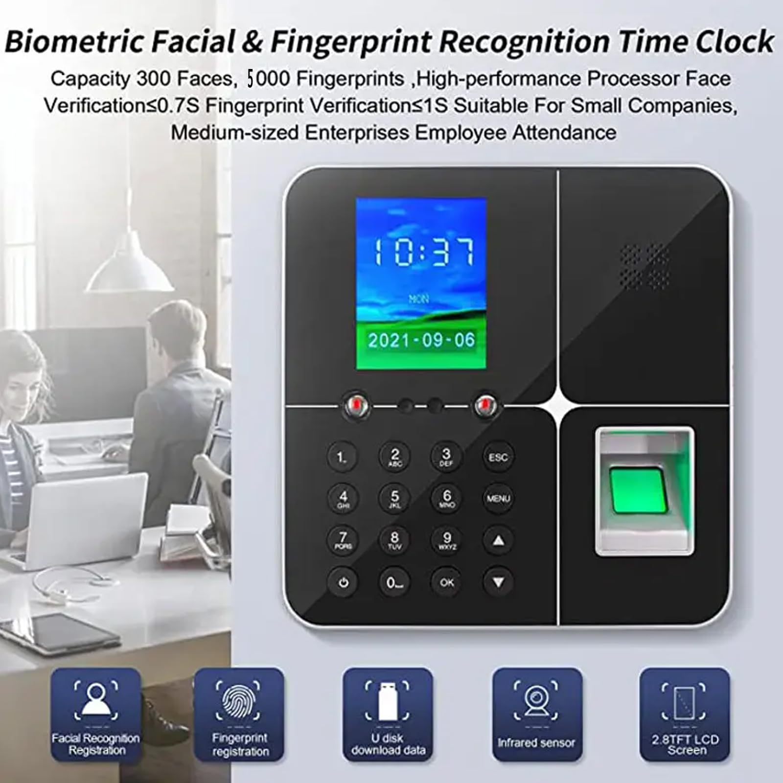 Upgraded 4-in-1 WiFi Fingerprint Time Clock - Automatic Attendance Punch Card Machine with Overtime Calculation for Small Business & Office | Perfect for Employee Time Tracking, Shift Scheduling and Payroll Management