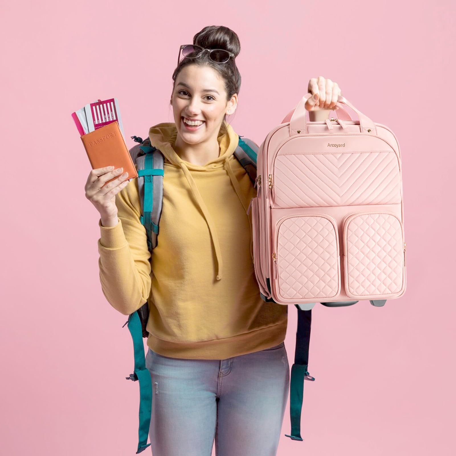 Lightweight Underseat Carry-On Luggage with Wheels - Airline Approved Personal Item Bag with Multiple Compartments, Rolling Suitcase for Women (Pink) - Perfect for Business Trips, Weekend Getaways & Air Travel