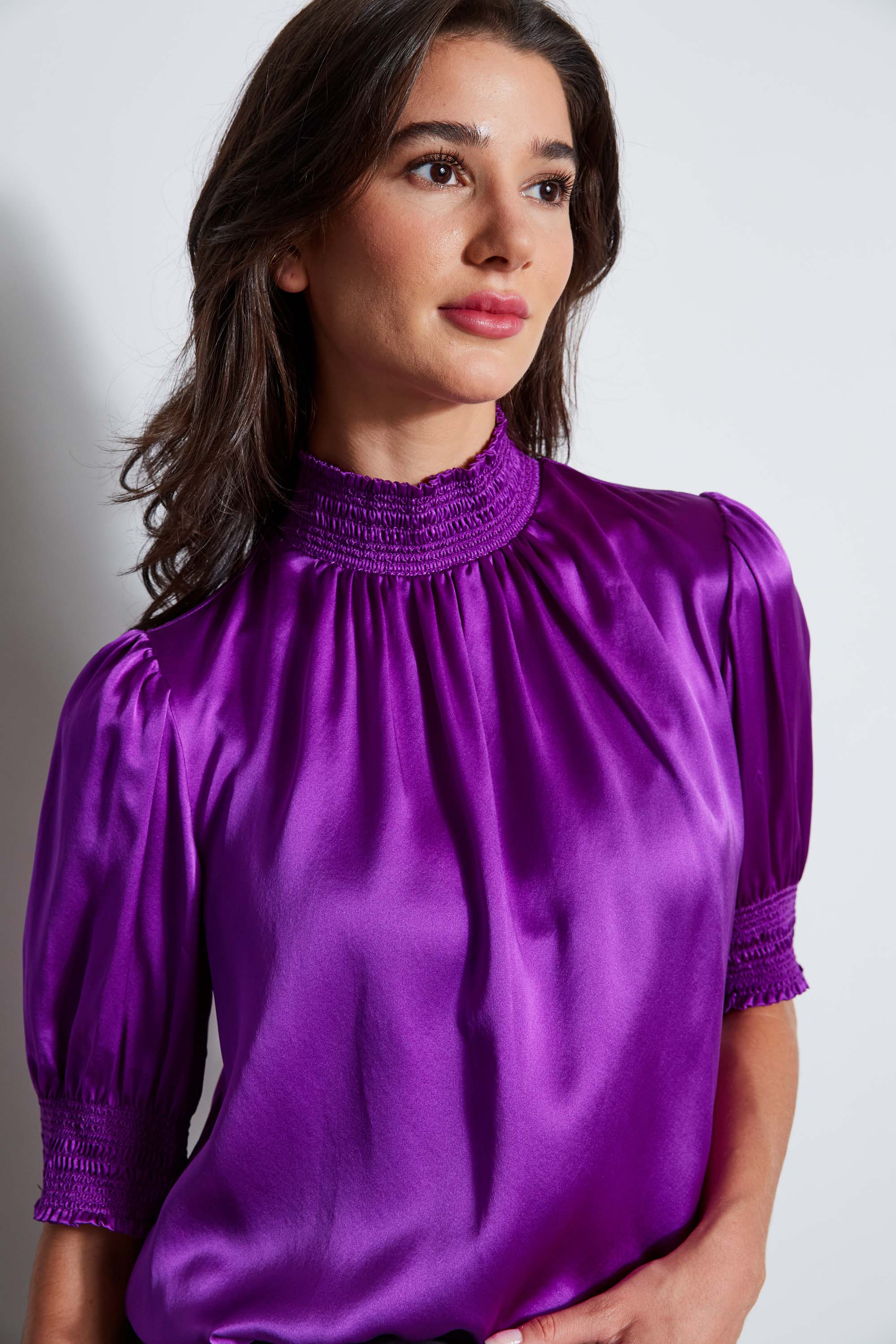 Elegant Short Sleeve Silk Satin Smocked Blouse for Women - Perfect for Office Wear, Date Nights & Summer Outfits