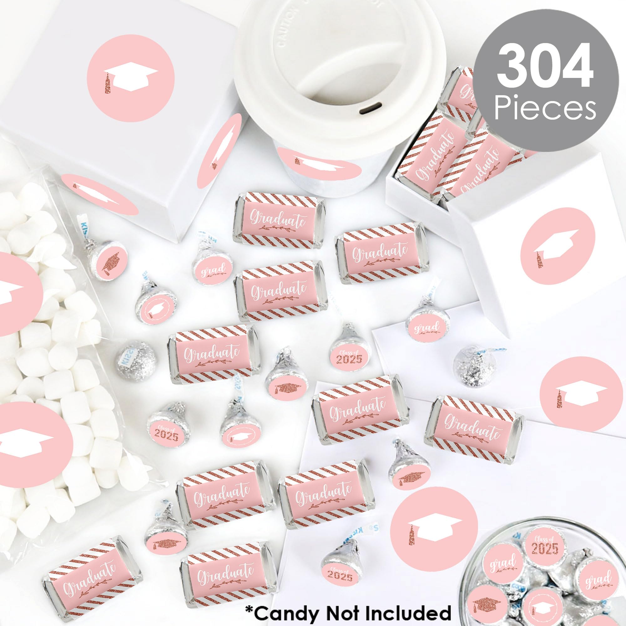 Rose Gold Graduation Candy Wrappers & Stickers Kit - 304pcs for 2025 Grad Party Favors, Decorations, and Sweet Treats | Perfect for Graduation Celebrations, Candy Buffets, and DIY Party Decor