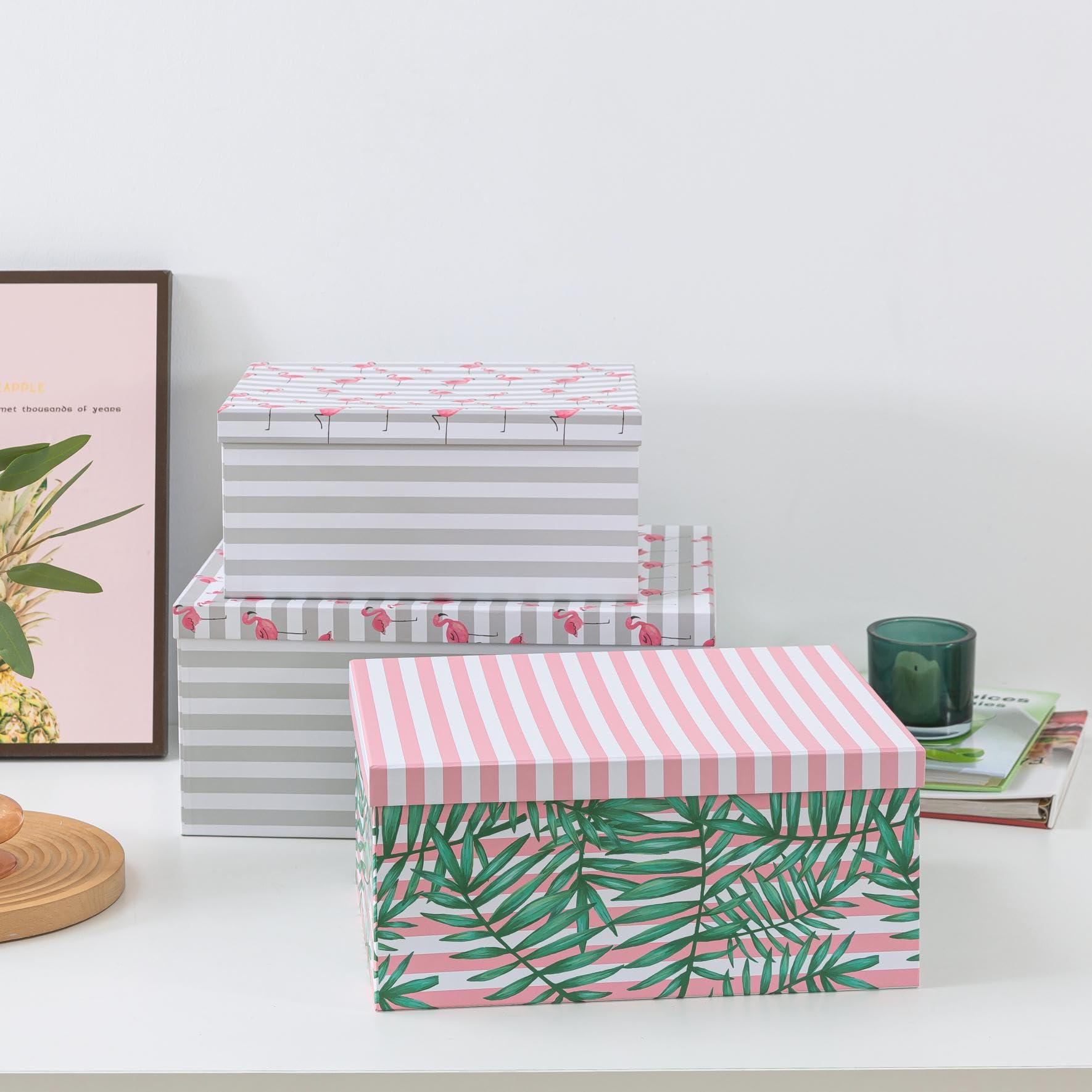 SLPR Decorative Cardboard Storage Boxes with Lids - Set of 3 Pink Flamingo Paperboard Nesting Gift Boxes for Home Décor, Photo & Keepsake Organization | Perfect for Bedroom, Office & Party Favors
