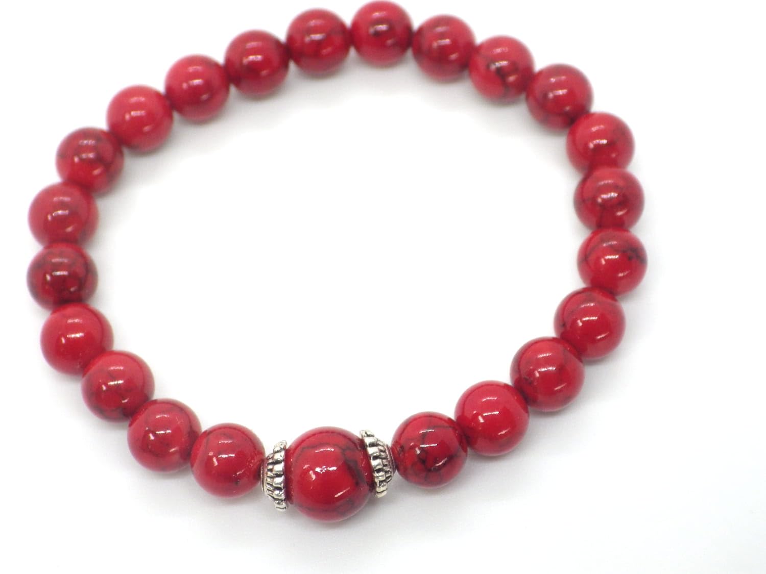 Handmade Women's Turquoise Beaded Bracelet - Red Dyed Reconstructed Turquoise & Tibetan Beads Boho Chic Jewelry for Casual Wear, Gift Giving & Spiritual Healing