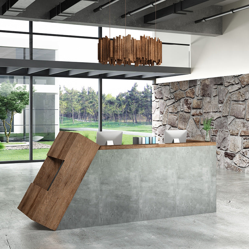 QUADE 2.0M Right Panel Reception Desk in Warm Oak & Concrete Finish - Perfect for Office Lobby, Hotel Front Desk, and Corporate Reception Areas