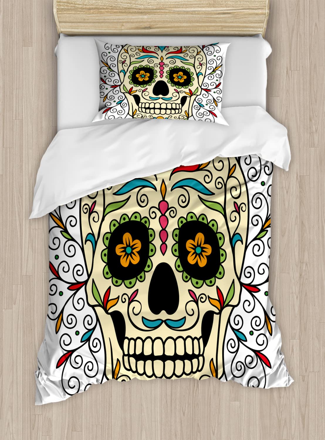 Ambesonne Sugar Skull Duvet Cover Set - Mexican Day of The Dead Catrina Calavera Design, 2-Piece Twin Size Bedding Set with 2 Pillowcases, Vibrant Multicolor Print - Perfect for Halloween Decor, Dia de Los Muertos Celebration & Gothic Bedroom Theme