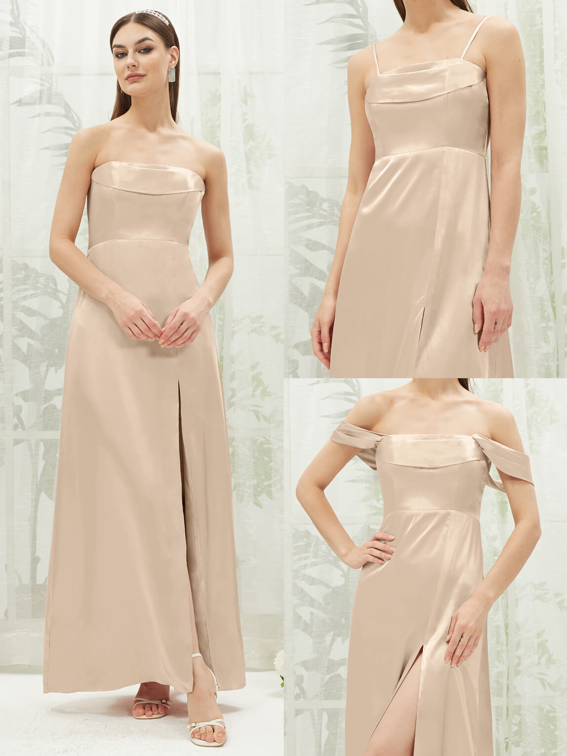 Elegant Champagne Satin Convertible Bridesmaid Dress with High Slit & Floor Length - Perfect for Weddings, Formal Events & Special Occasions