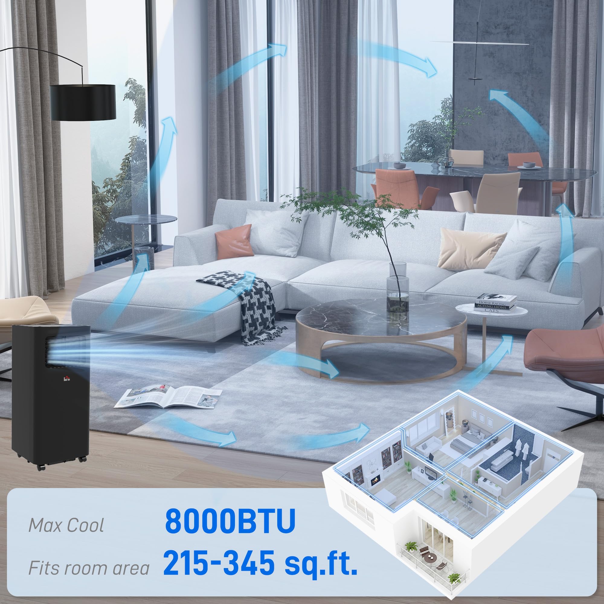 HOMCOM 8000 BTU Portable Air Conditioner for Rooms Up to 345 Sq. Ft - 3-in-1 AC Unit with Dehumidifier & Cooling Fan - Sleep Mode, Remote Control, 24H Timer - Window Installation Kit Included - Perfect for Bedrooms, Offices, and Small Spaces (Black)