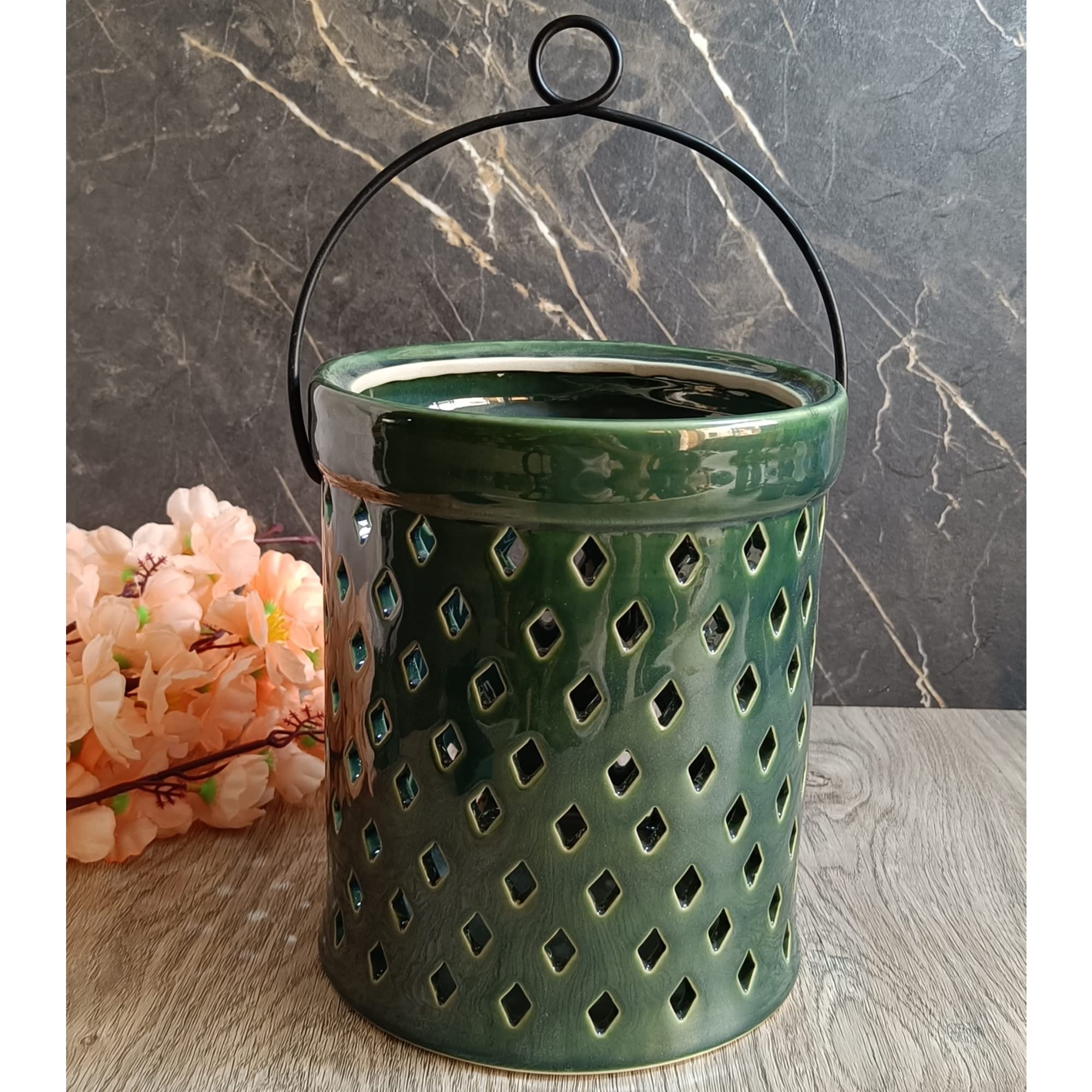 Ceramic Hanging Tealight Holder - Olive Diamond Cut Design for Home Decor, Office, Living Room, Bedroom & Restaurants | 12 Inch Decorative Candle Holder for Romantic Ambiance, Wedding Decor & Outdoor Parties