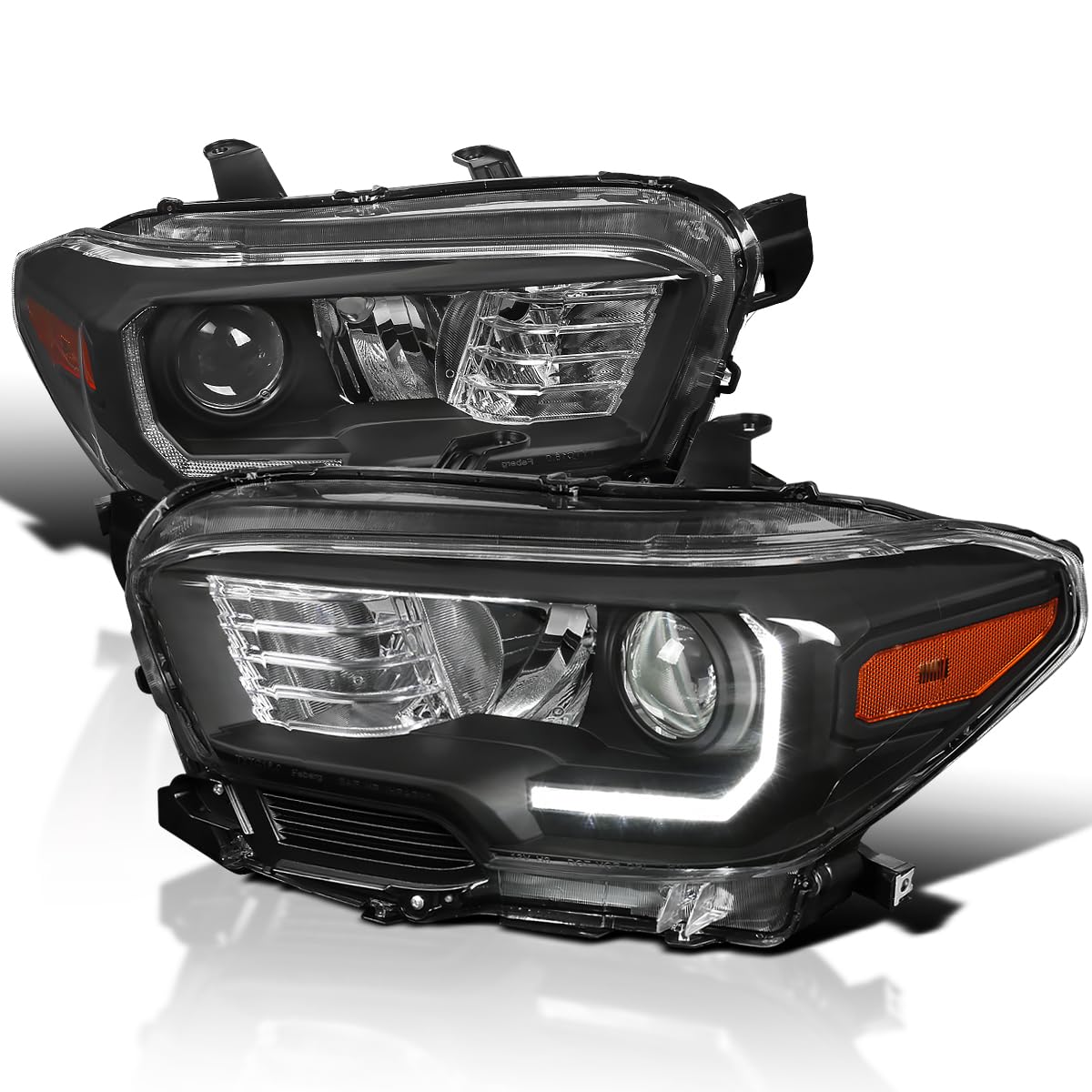 Spec-D Tuning Black Projector Headlights with LED Strip - Compatible with 2016-2022 Toyota Tacoma (LED DRL) - Left & Right Pair Headlamp Assembly - Upgrade for Off-Road & Night Driving
