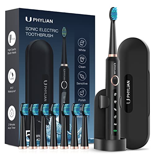 PHYLIAN Sonic Electric Toothbrush for Adults - Rechargeable Toothbrush with 8 Brush Heads, Travel Case & Holder - 3 Hours Fast Charge, 60 Days Battery Life - Perfect for Home, Travel & Daily Oral Care