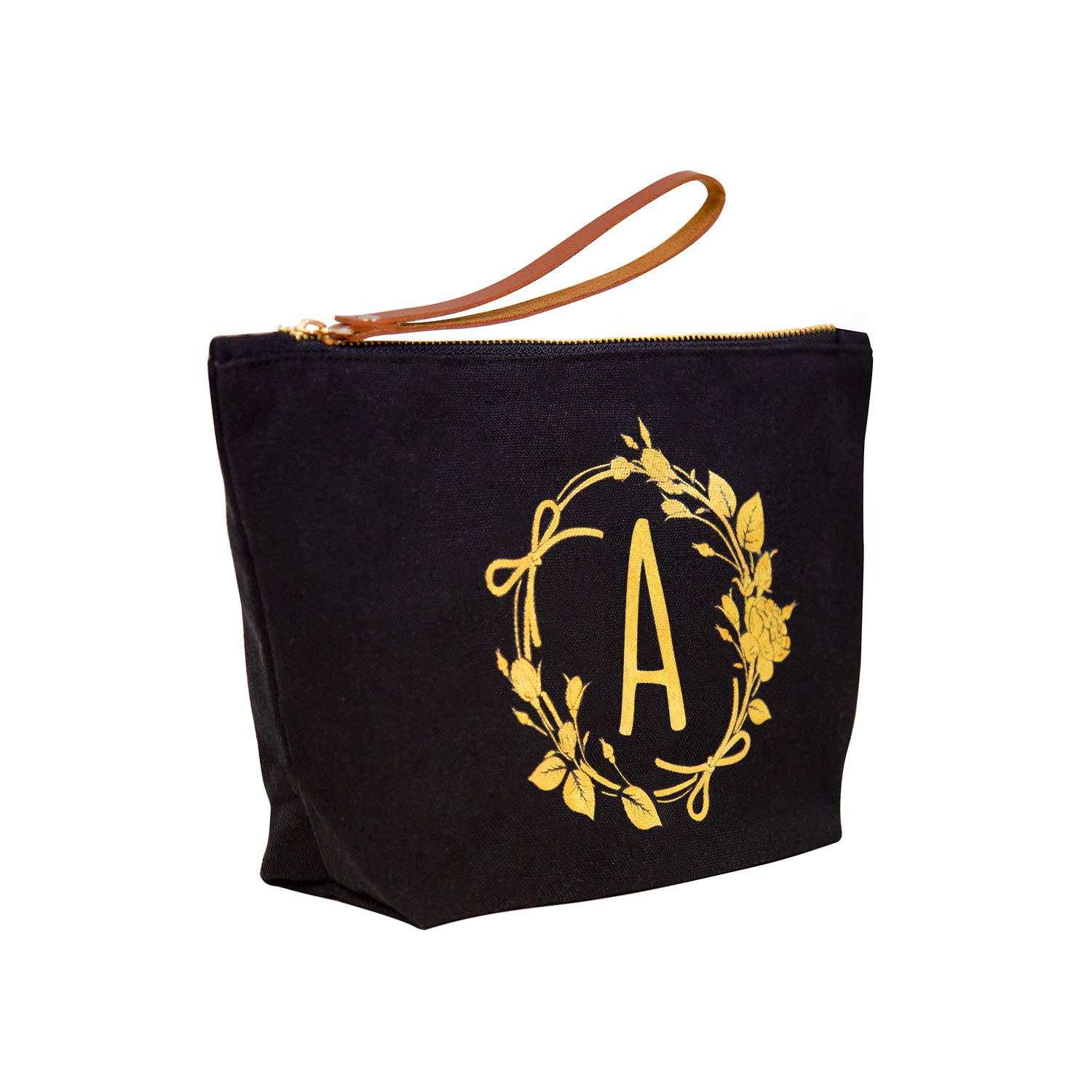 Personalized Monogram Makeup Bag for Women - Elegant Black Canvas Cosmetic Pouch with Custom Initial (A) | Perfect Wedding, Birthday & Teacher Gifts | Great for Travel, Bridal Shower & Everyday Use