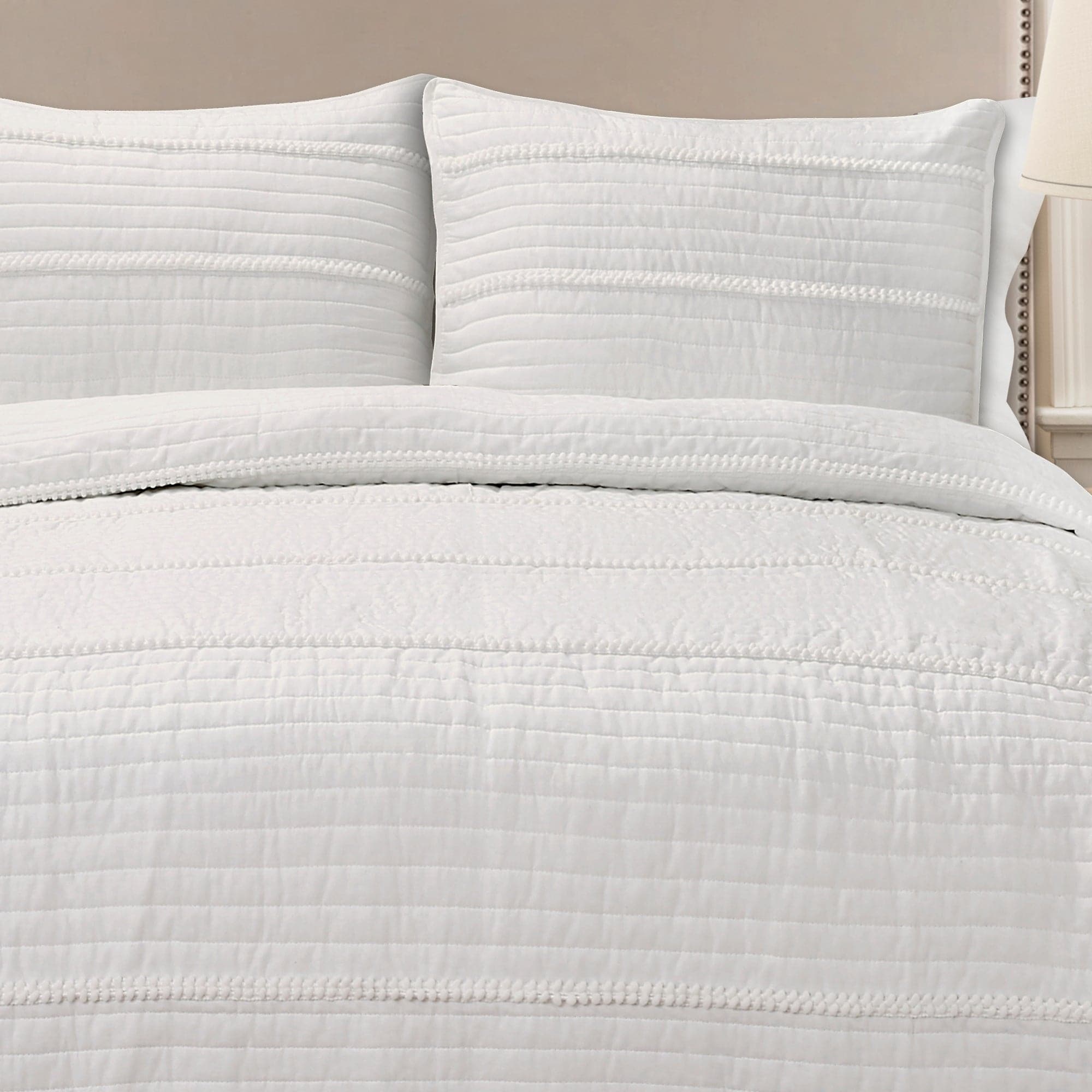 Pom Pom Stripe Quilt 3 Piece Bedding Set - Soft & Cozy Comforter, Pillow Shams & Bed Skirt - Perfect for Guest Rooms, Kids' Bedrooms & Cozy Winter Nights