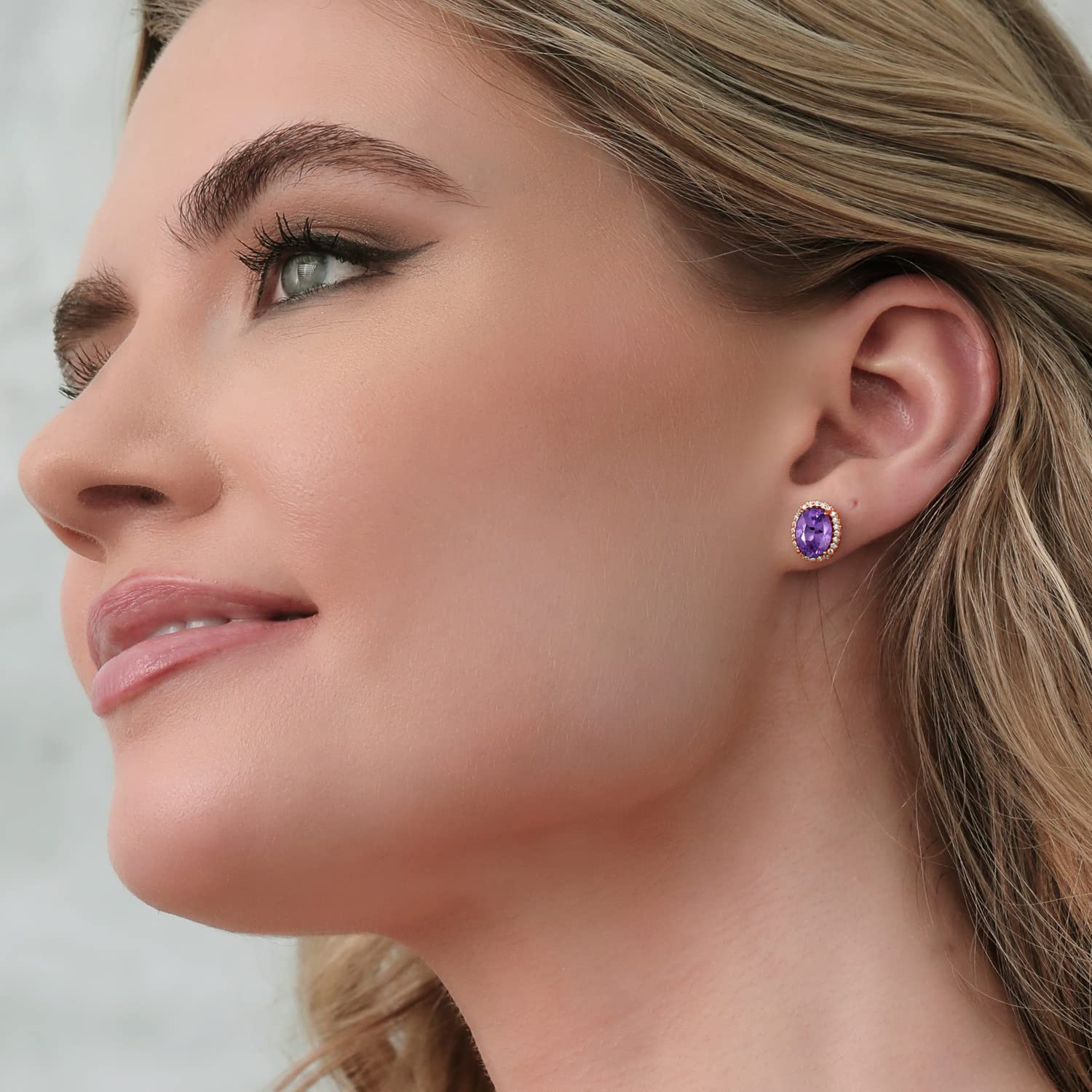 9X7MM Oval Cut Gemstone Birthstone Halo Earrings for Women | 18K Rose Gold Plated Sterling Silver | Fine Jewelry Gifts for Mom, Wife, Her | Anniversary, Birthday, Mother's Day Present