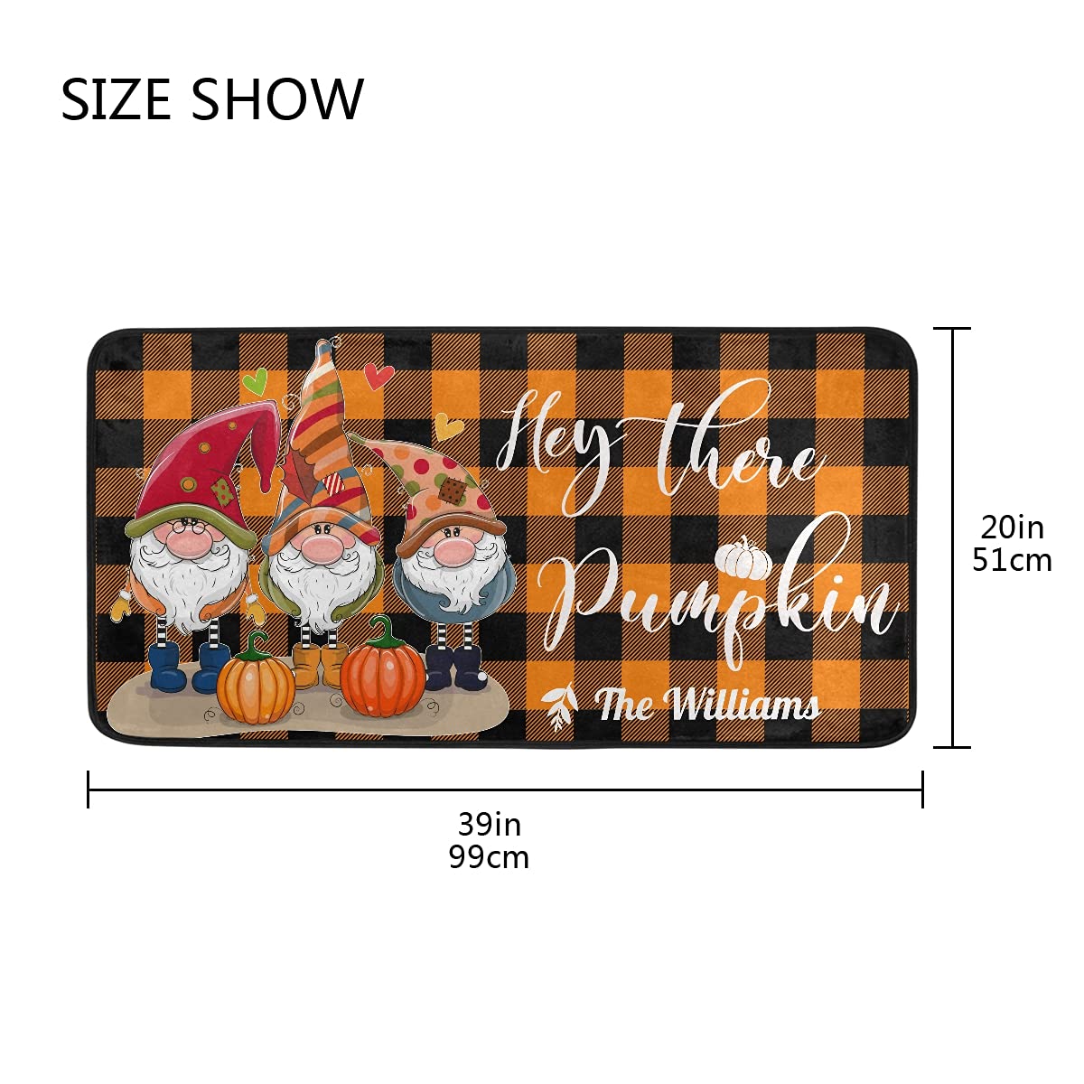 DOMIKING Custom Fall Kitchen Rugs - Non-Slip Kitchen Floor Mat with Personalized Gnome Design, Buffalo Plaid Thanksgiving Foam Rug - 39