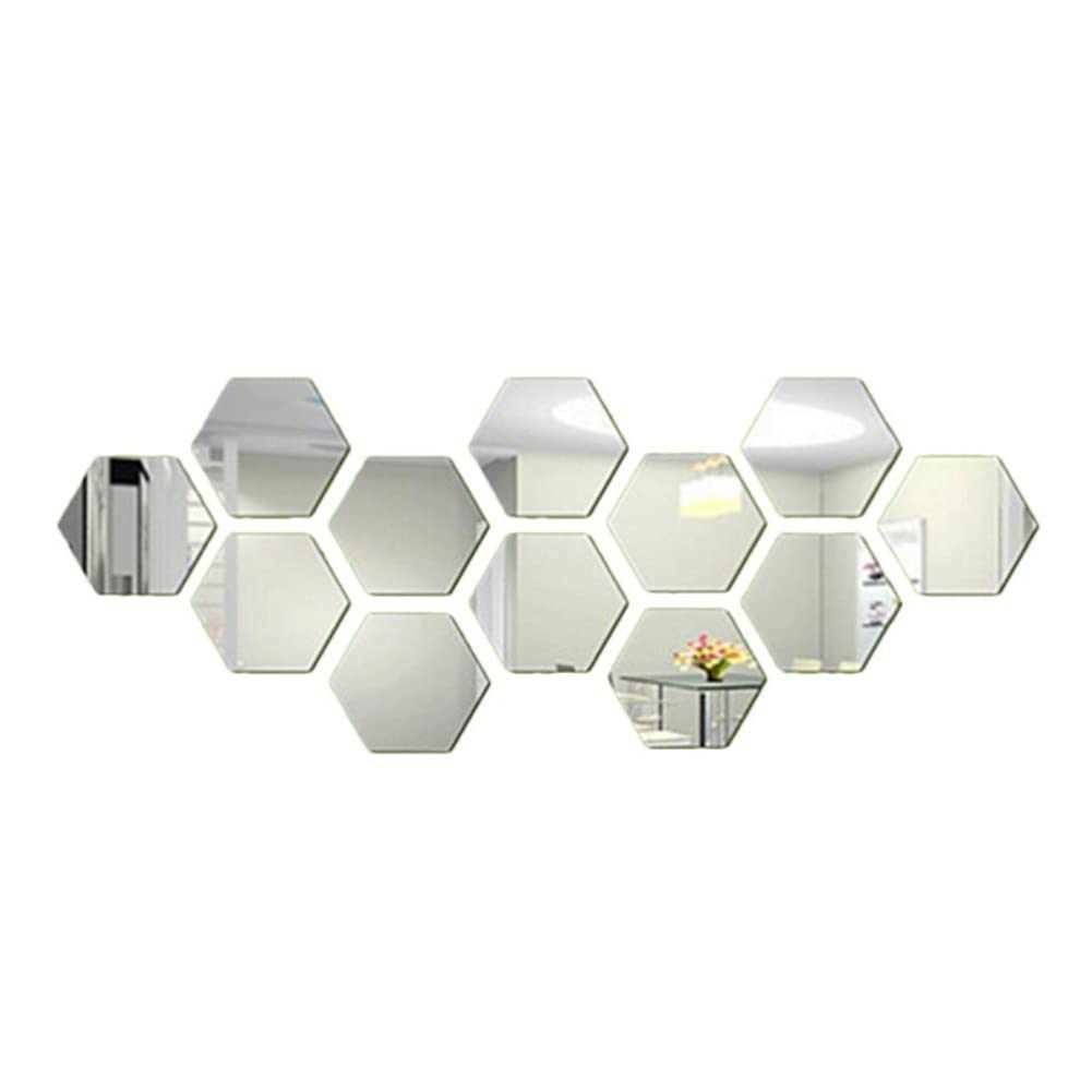 12-Pack Hexagon Acrylic Mirror Tiles - 3D Self-Adhesive Wall Decor Stickers for Bedroom, Living Room & Dining Room - Removable DIY Mirror Wall Art for Home Background (Silver, Small) - Perfect for Accent Walls, Photo Backdrops & Home Decor Projects