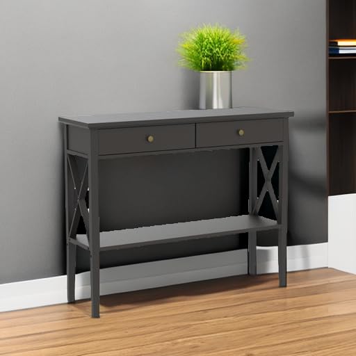 ChooChoo Narrow Wood Console Table with Drawers & Storage Shelf - Entryway Sofa Table for Hallway, Living Room & Front Hall | Perfect for Small Spaces & Home Decor Organization (Black)