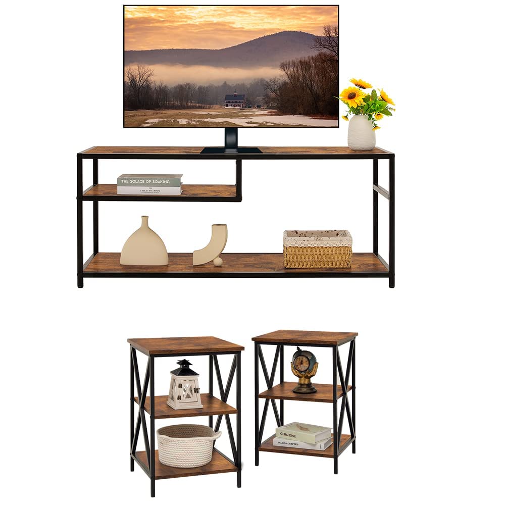 Iwell 3-Piece Living Room Table Set - TV Stand for 55 Inch TV, Entertainment Center with 3-Tier Storage, 2 Nightstands & Side Table - Perfect for Living Room, Bedroom & Home Theater Organization