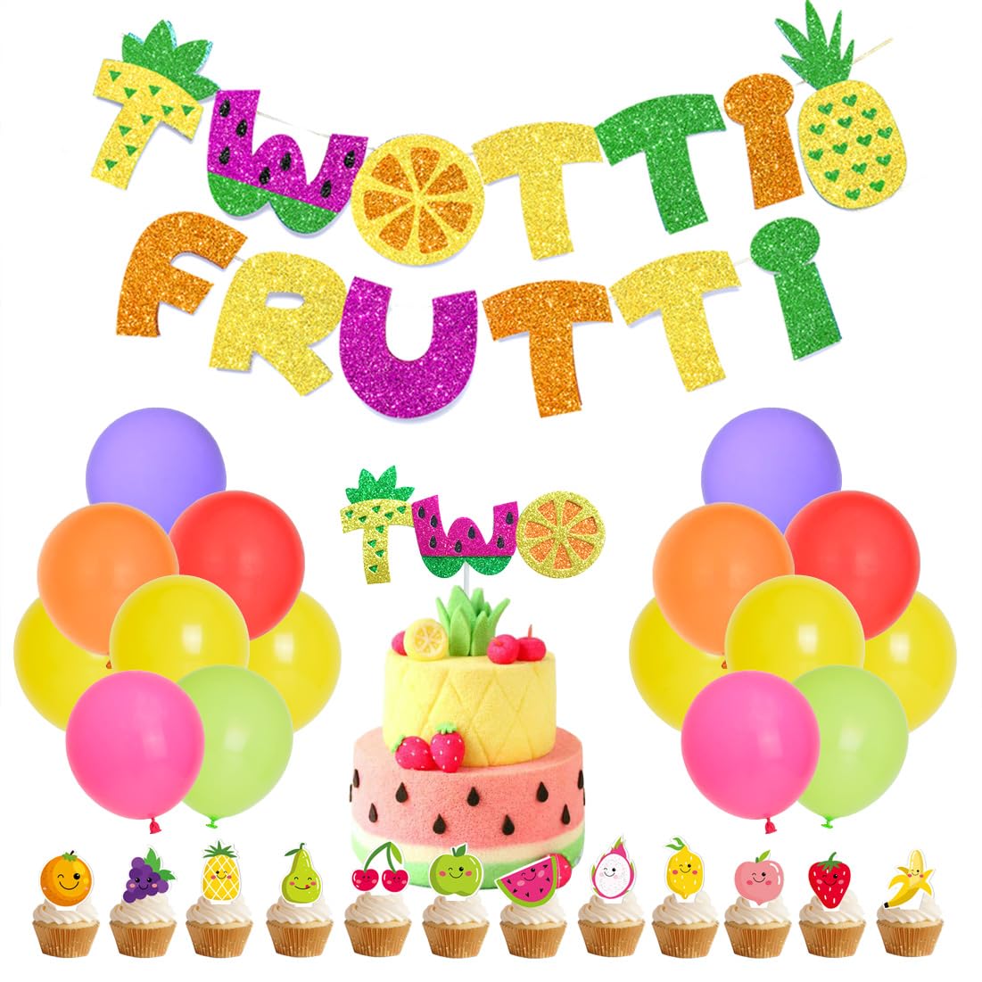 Tutti Frutti Birthday Decorations Set - 2nd Birthday Banner, Cake Topper & Fruit Balloons for Girls Boys Party Supplies | Perfect for Tropical Themed Birthday Parties, Baby Showers & Summer Celebrations
