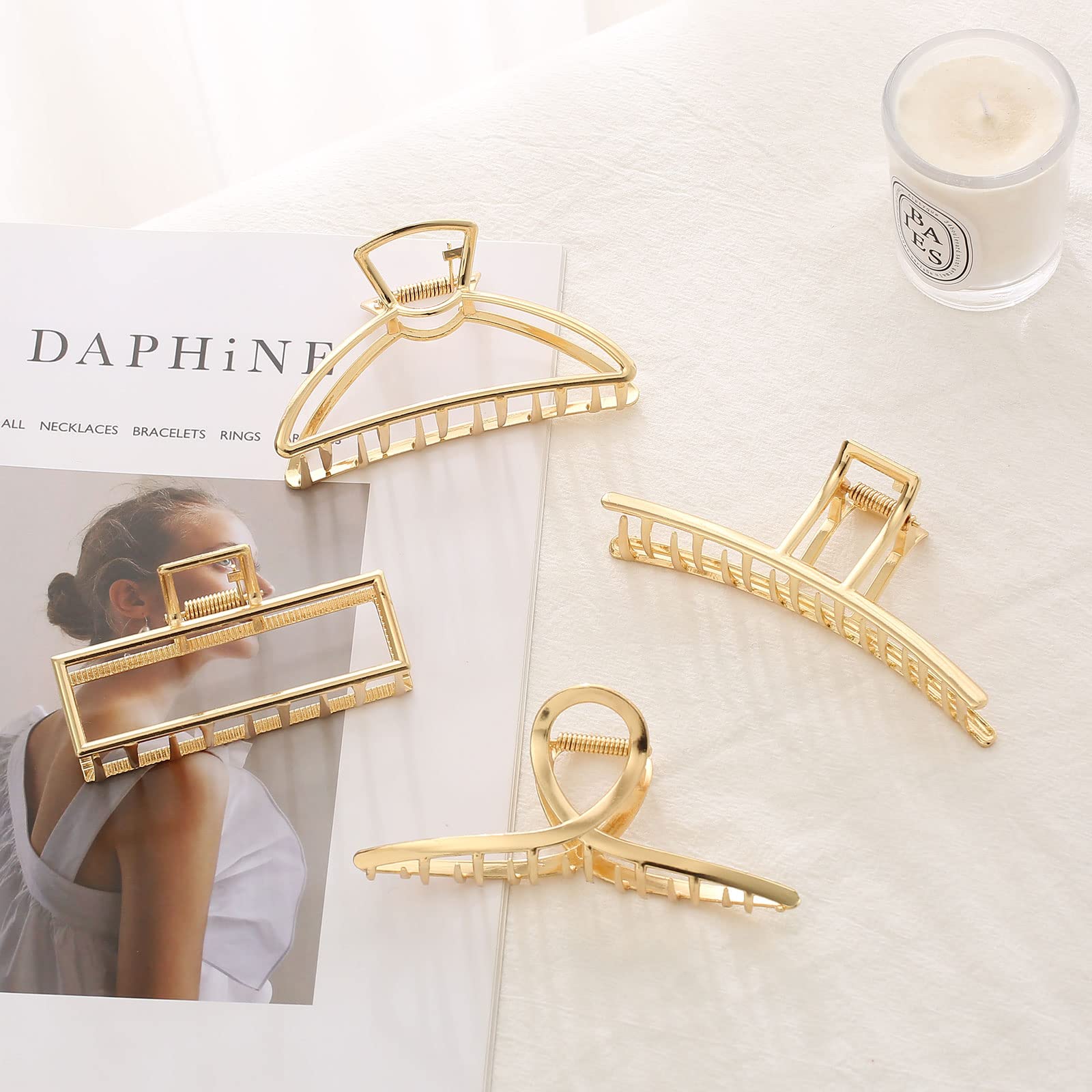 4 Pack Large Gold Hair Claw Clips for Women - French Design Metal Cross Banana Clips for Thick Hair - Non-Slip Hair Barrettes for Women & Girls - Perfect for Updos, Ponytails & Everyday Hairstyles
