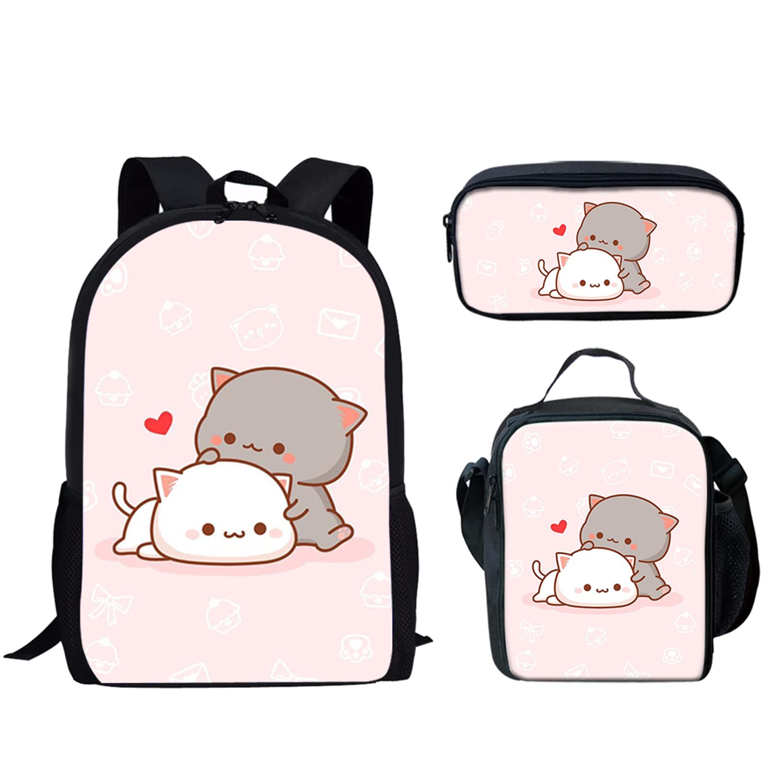 Bulopur 3-in-1 Cute Cartoon Cat Backpack Set for Kids - School Bookbag with Pencil Case, Kitten Red Heart Design for Boys & Girls (Pink) - Perfect for School, Travel & Daily Use