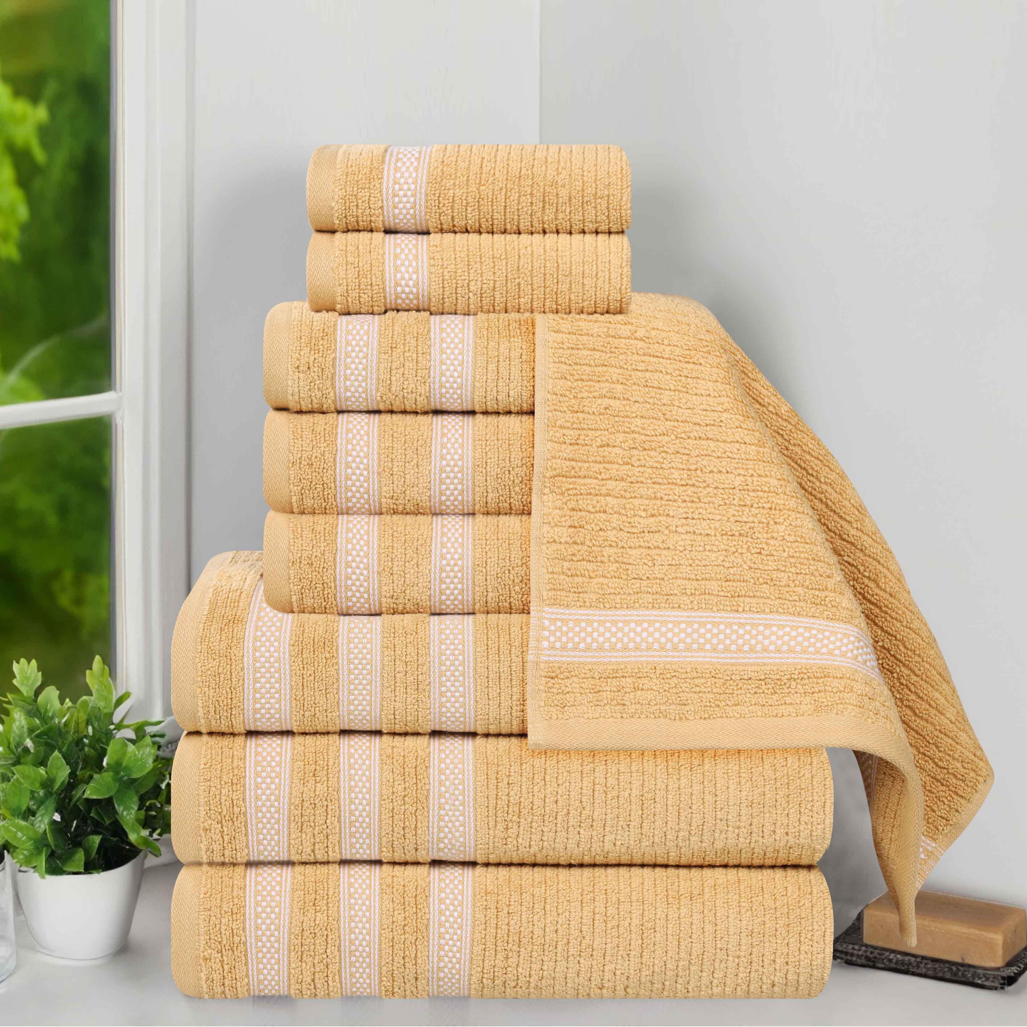 Premium 9-Piece Zero Twist Cotton Ribbed Towel Set with Geometric Border - Ultra Soft & Absorbent Bath, Beach & Spa Towels for Luxury Home & Hotel Use