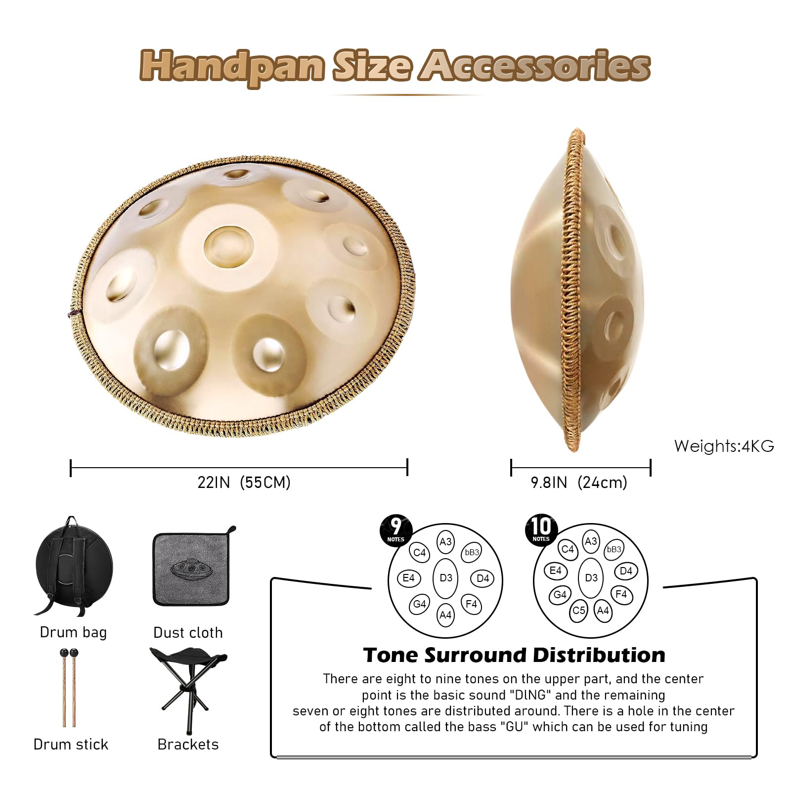 Premium 22-Inch Handpan Drum Set - 440Hz 9-Note Steel Hand Drum with Carrying Case, Drumsticks & Instructional Guide | Perfect for Meditation, Yoga, Music Therapy & Outdoor Performances