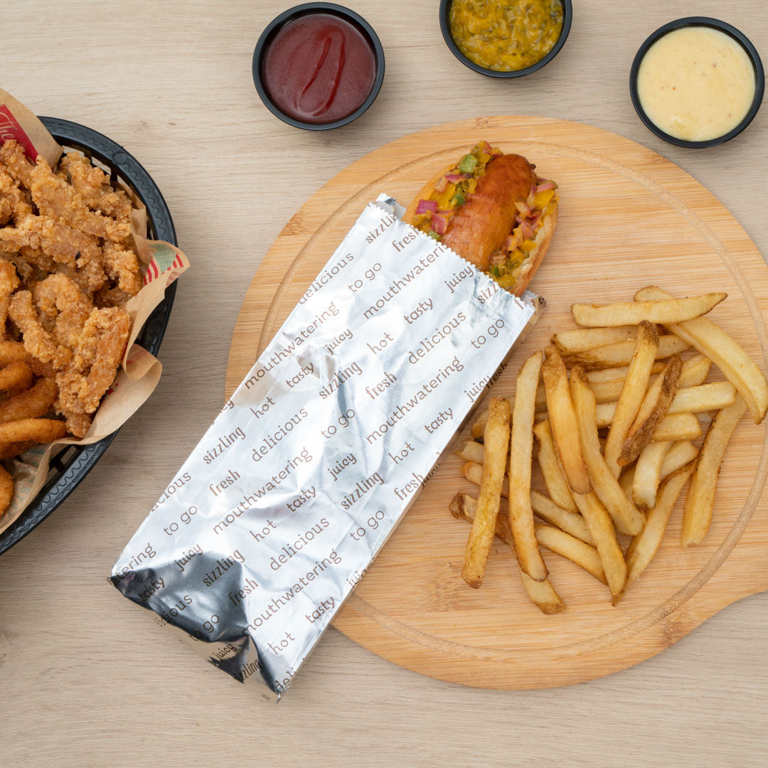 Eco-Friendly Small Hot Dog Foil Bags - 3 3/4 x 1 1/4 x 9 Inches, 100 Count Box - Perfect for Food Trucks, Concession Stands & Party Snacks