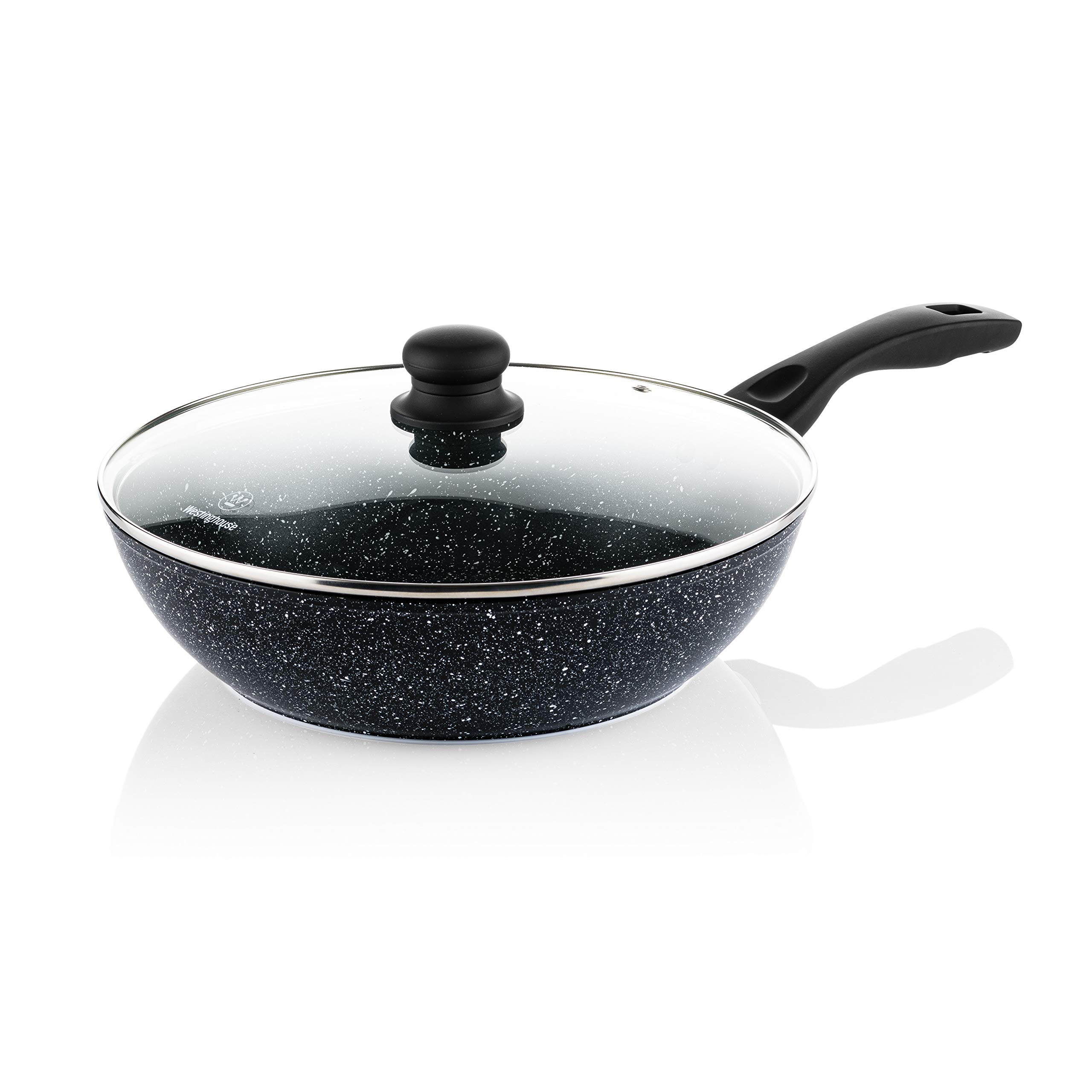 Westinghouse Black Marble WHP131 - 30cm Nonstick Wok Pan with 3-Layer Marble Coating, Forged Aluminum, Induction Compatible, Silicone Handle, Dishwasher Safe - Perfect for Stir-Fry, Sauteing & Asian Cooking