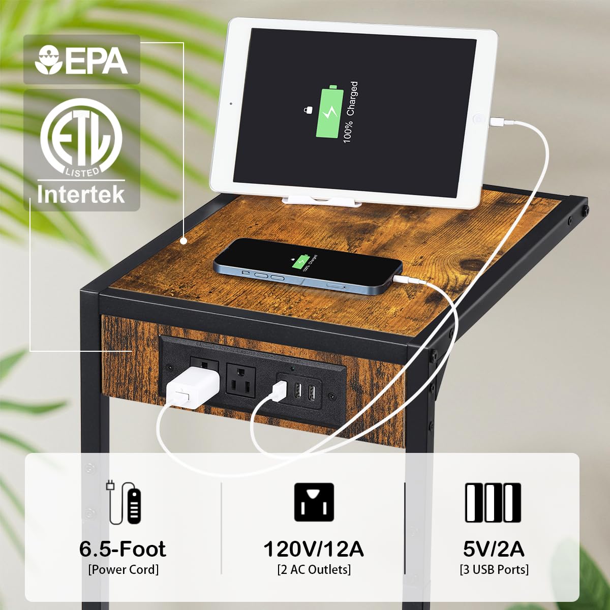 2-Piece C-Shaped End Table Set with USB Charging Station & Power Outlets - Snack Side Table for Couch, Living Room & Bedroom - Space-Saving Slide-Under Design (Brown) - Perfect for Small Spaces, Movie Nights & Charging Devices