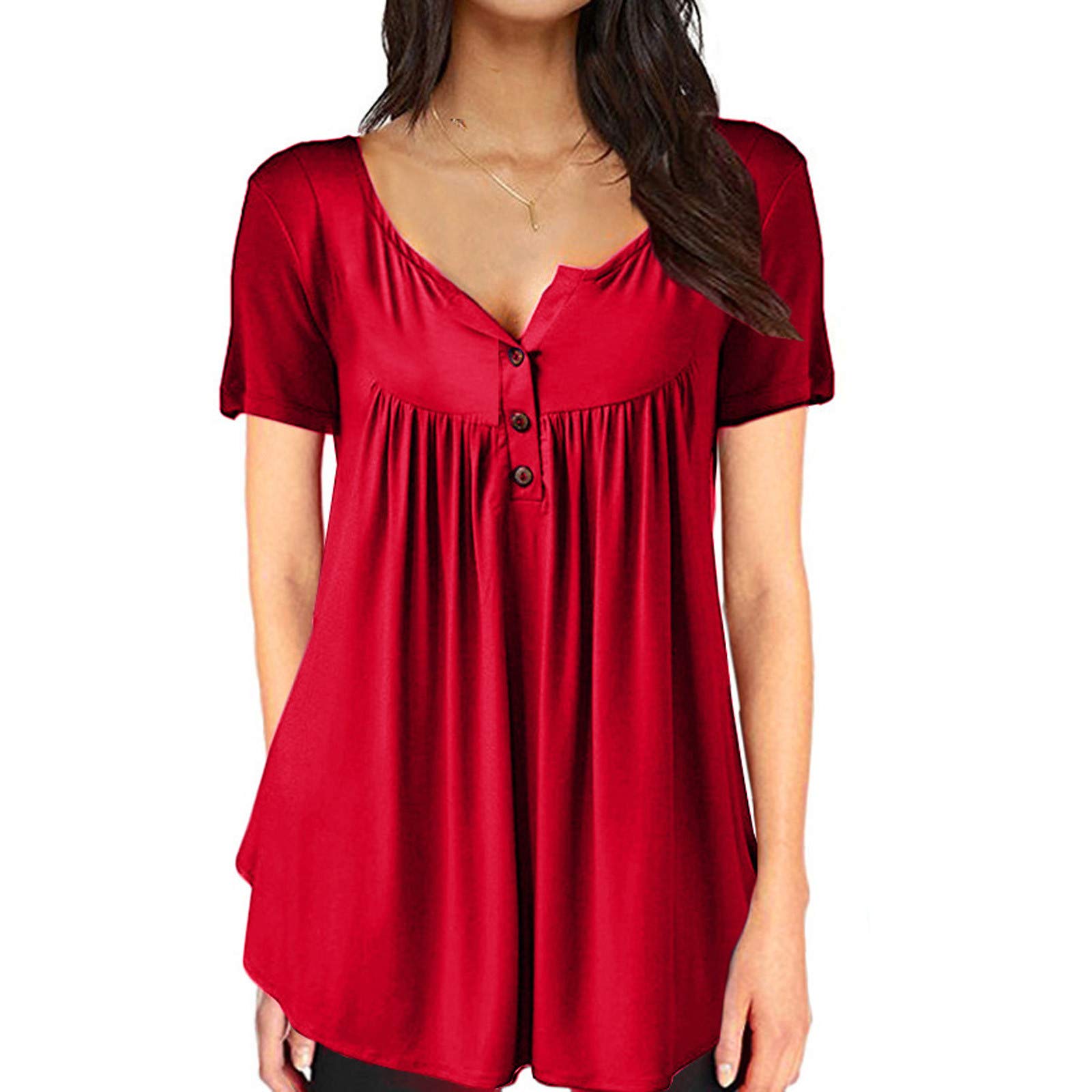 Women's Summer Casual Short Sleeve Tunic Top with Ruffle Detail & Button Front - Loose Fit Blouse T-Shirt for Beach, Vacation & Everyday Wear