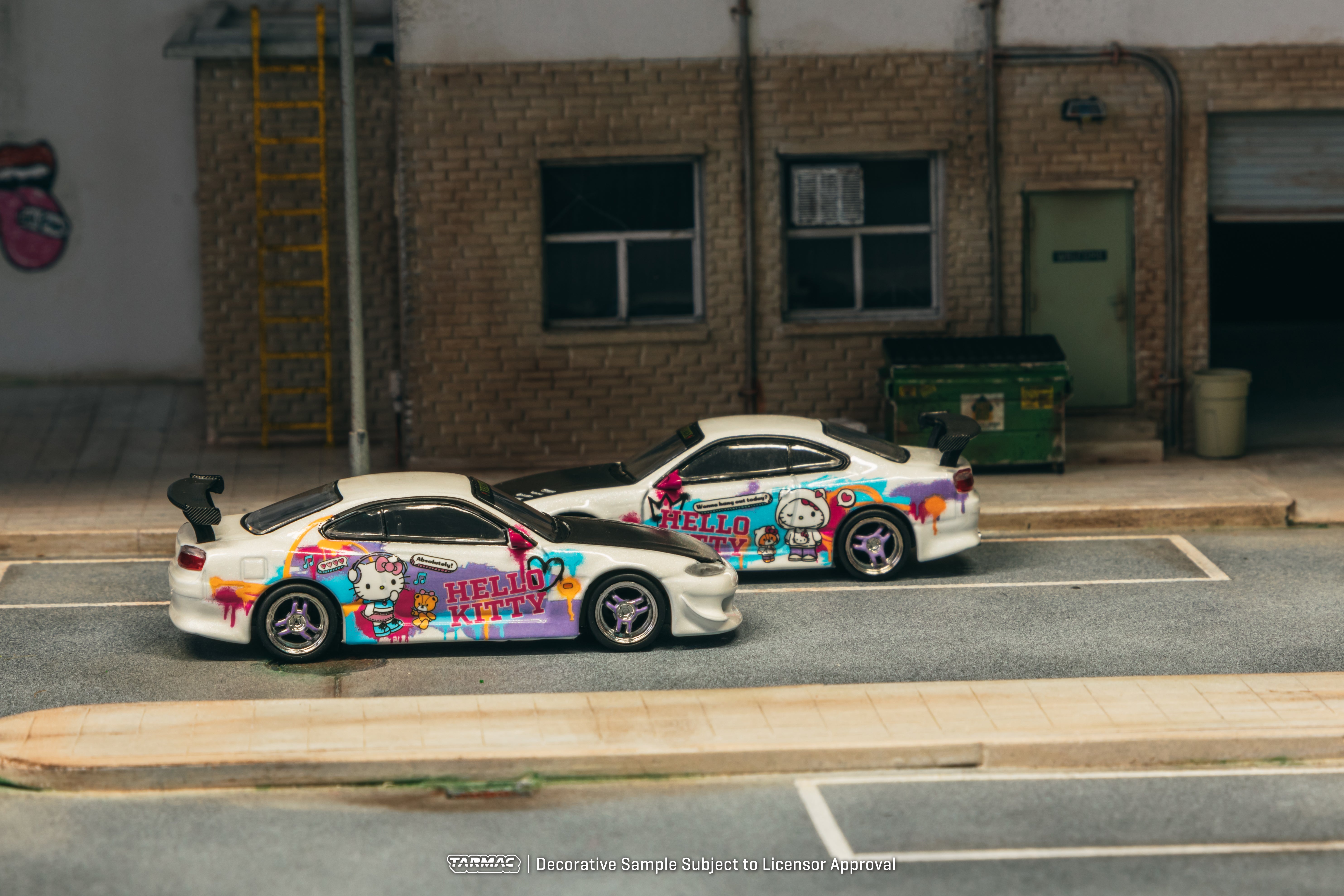 Tarmac Works 1/64 Scale VERTEX Nissan Silvia S15 Hello Kitty Drift Car - Limited Indonesia Special Edition Diecast Model for Collectors | Perfect for Display, Racing Games & Anime Car Enthusiasts
