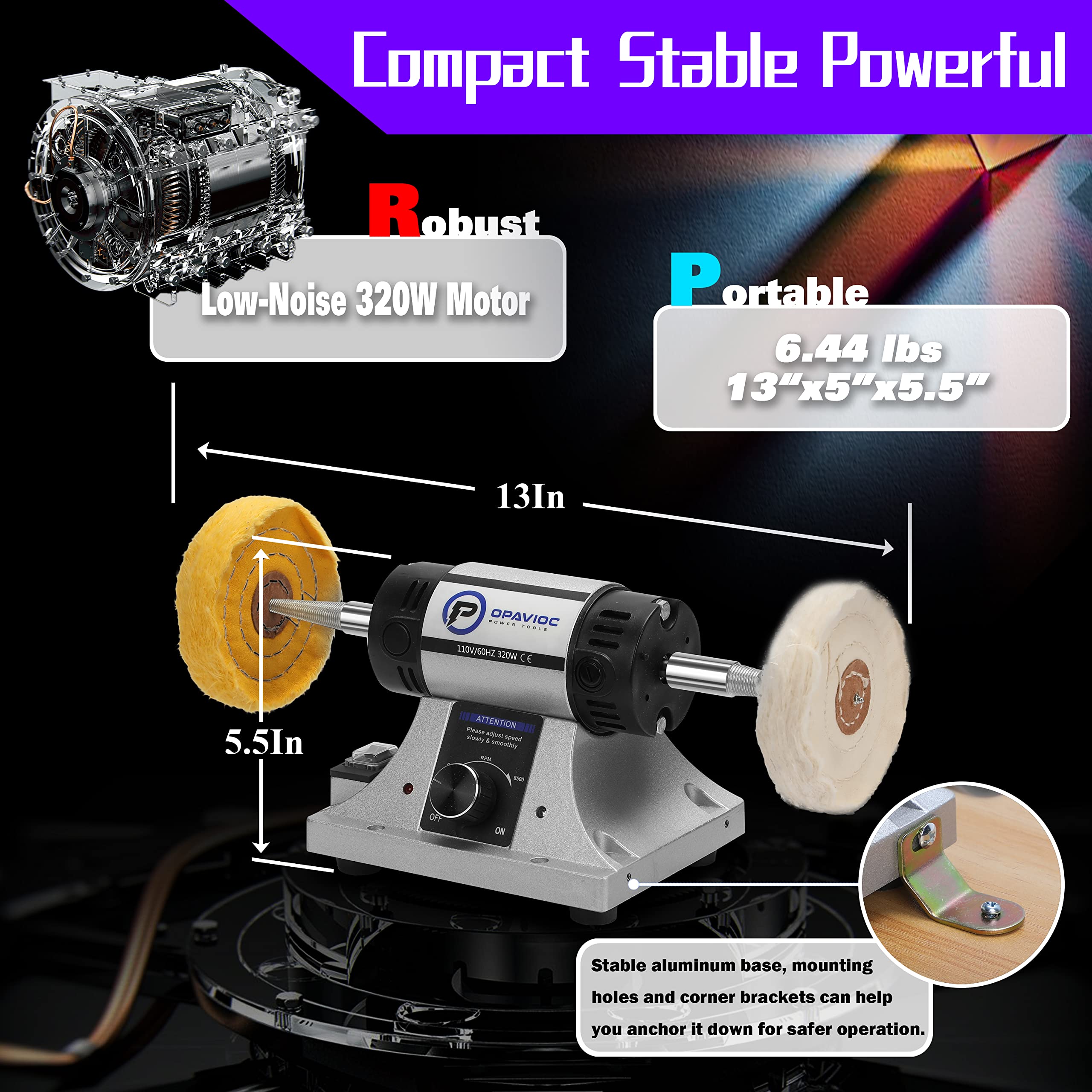 Professional Jewelry Polishing Machine - Adjustable Speed Bench Grinder for Buffing & Polishing with 6 Cloth Wheels & 2 Abrasive Fiber Wheels - Perfect for Jewelry Making, Dental Tools, Metal Craft & DIY Projects - Includes Safety Glasses & Polish Compound