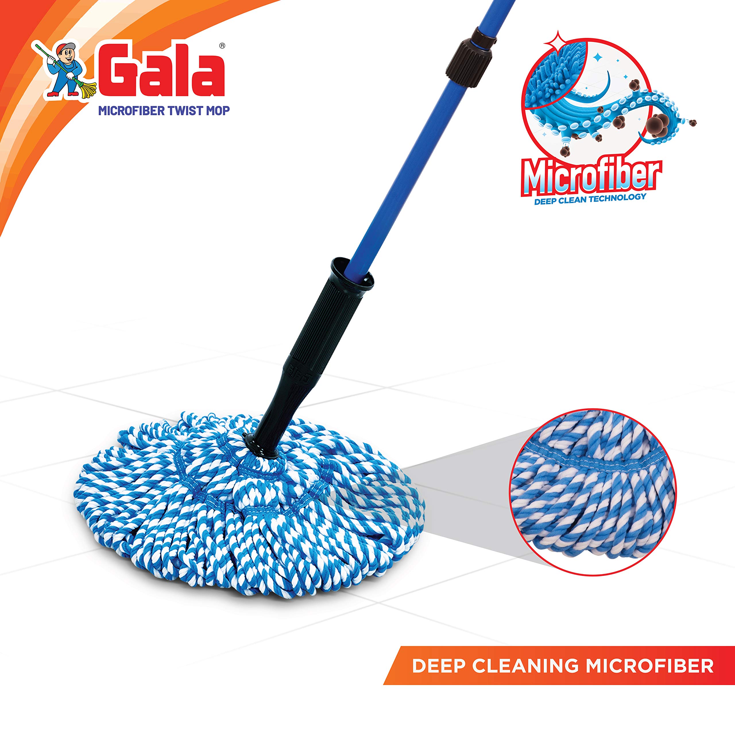 Gala Spin Mop with Extendable Handle & Microfiber Refill (150750) - White & Blue - Easy Floor Cleaning for Hardwood, Tile & Laminate Floors