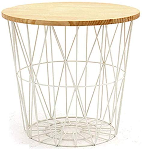 Round Metal and Wood Side End Table with Storage Basket - Modern Sofa Coffee Table for Living Room, Bedroom, or Office - Snack Tray & Organizer - High-Temperature Resistant Iron Frame - Home Decor Accent (#2 Color)