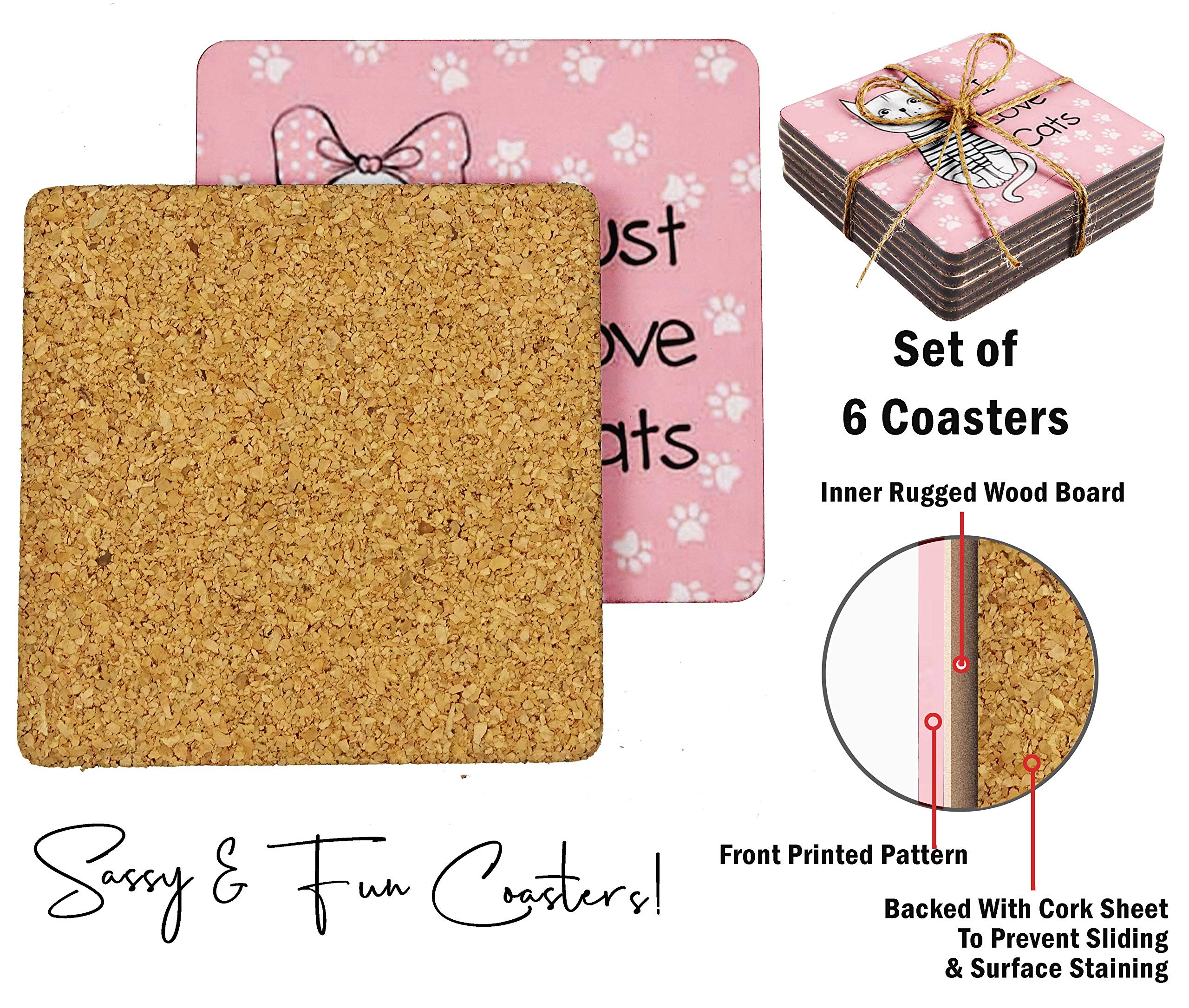 Set of 6 Reusable 4-Inch Square Drink Coasters with Cork Base - Easy Clean Cat Quotes Design - Perfect for Coffee Tables, Home Bars, and Office Use